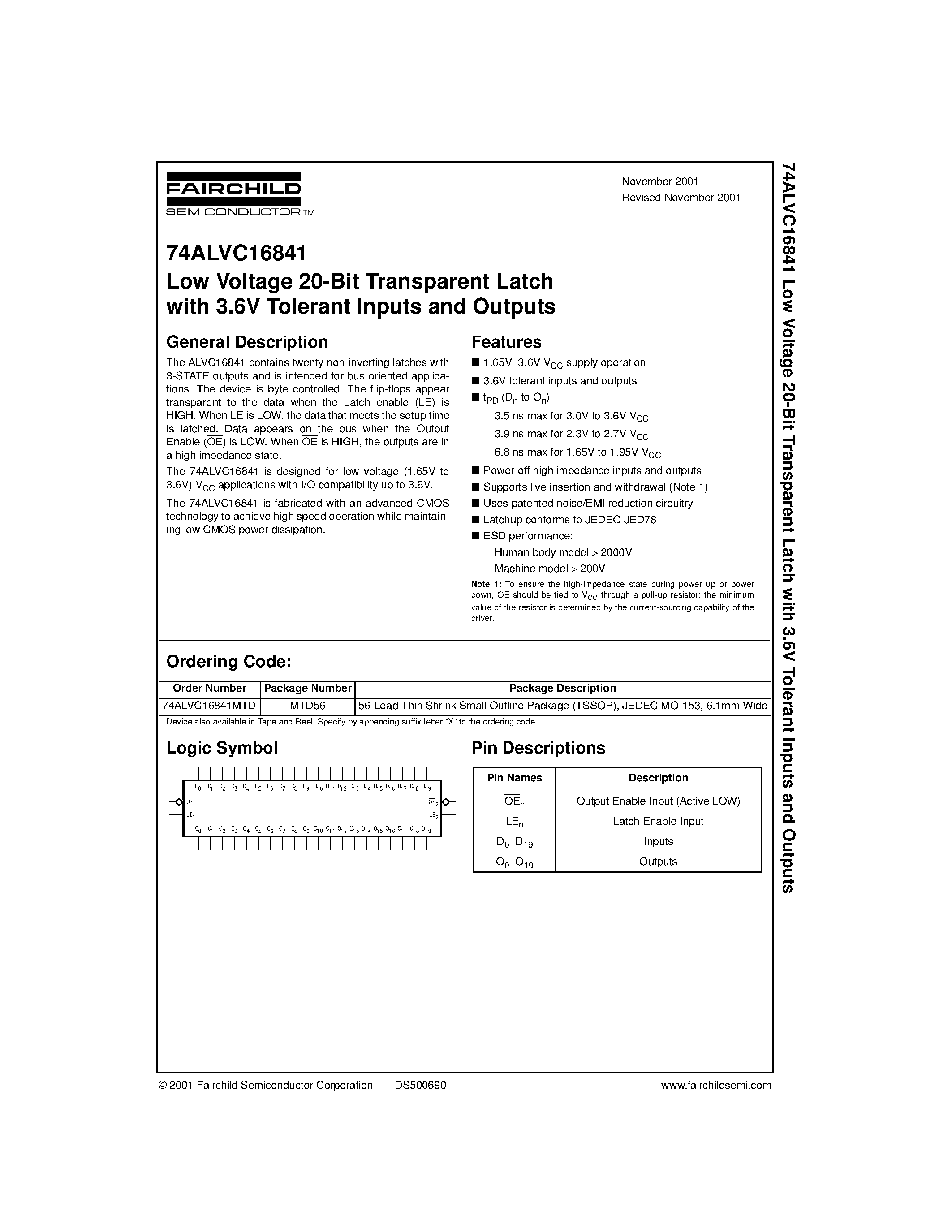 Даташит 74ALVC16841 - Low Voltage 20-Bit Transparent Latch with 3.6V Tolerant Inputs and Outputs страница 1