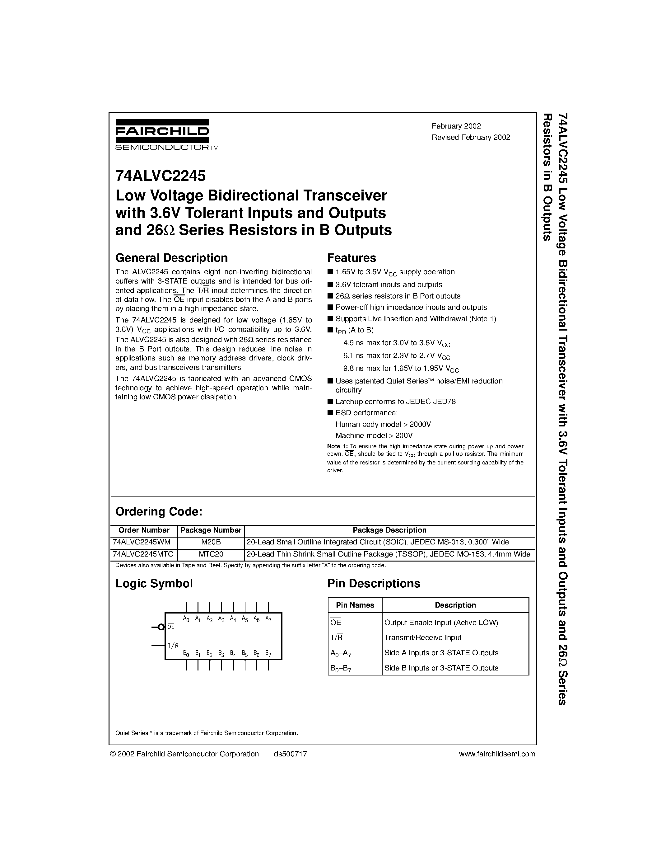 Datasheet 74ALVC2245 - Low Voltage Bidirectional Transceiver with 3.6V Tolerant Inputs and Outputs and 26 Series Resistors in B Outputs page 1