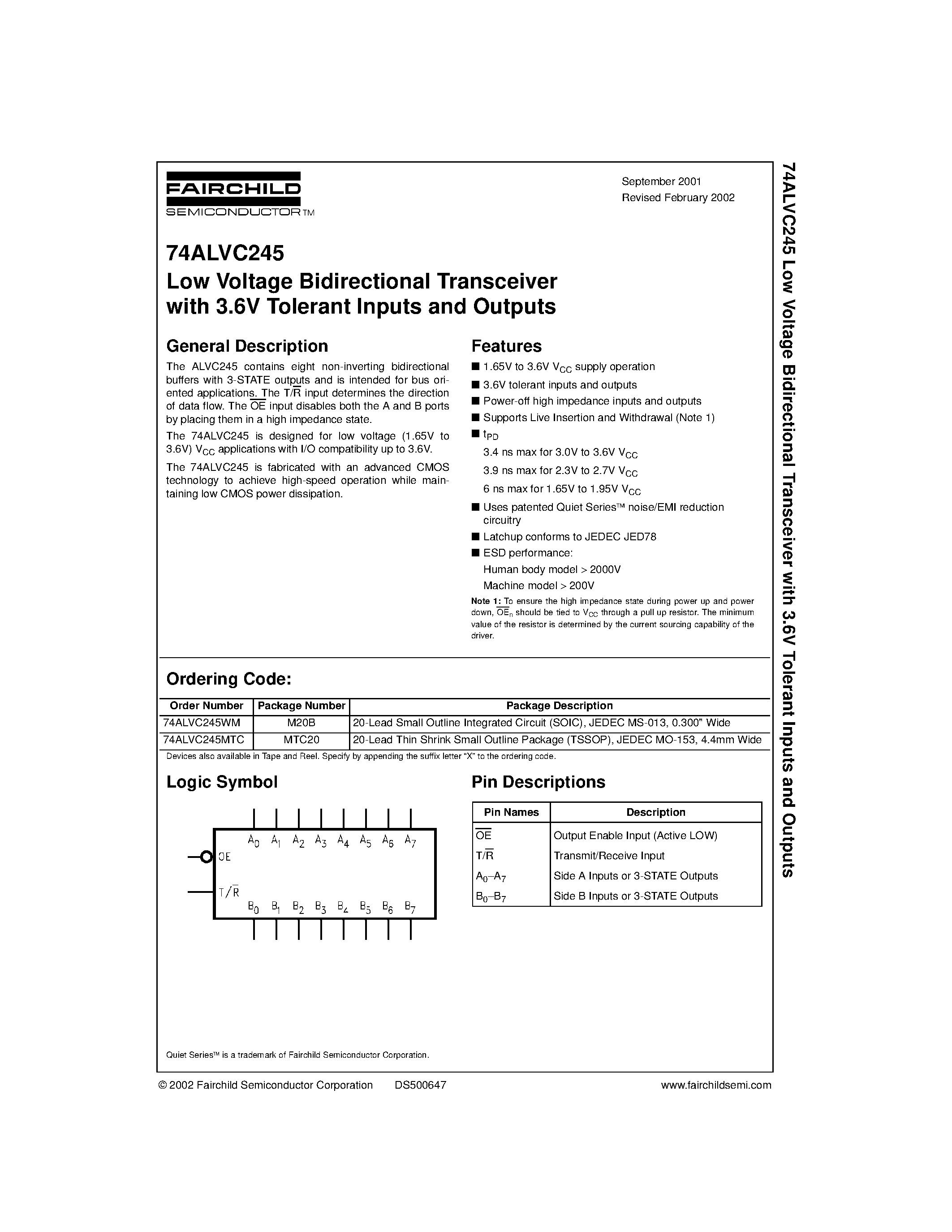 Даташит 74ALVC245 - Low Voltage Bidirectional Transceiver with 3.6V Tolerant Inputs and Outputs страница 1