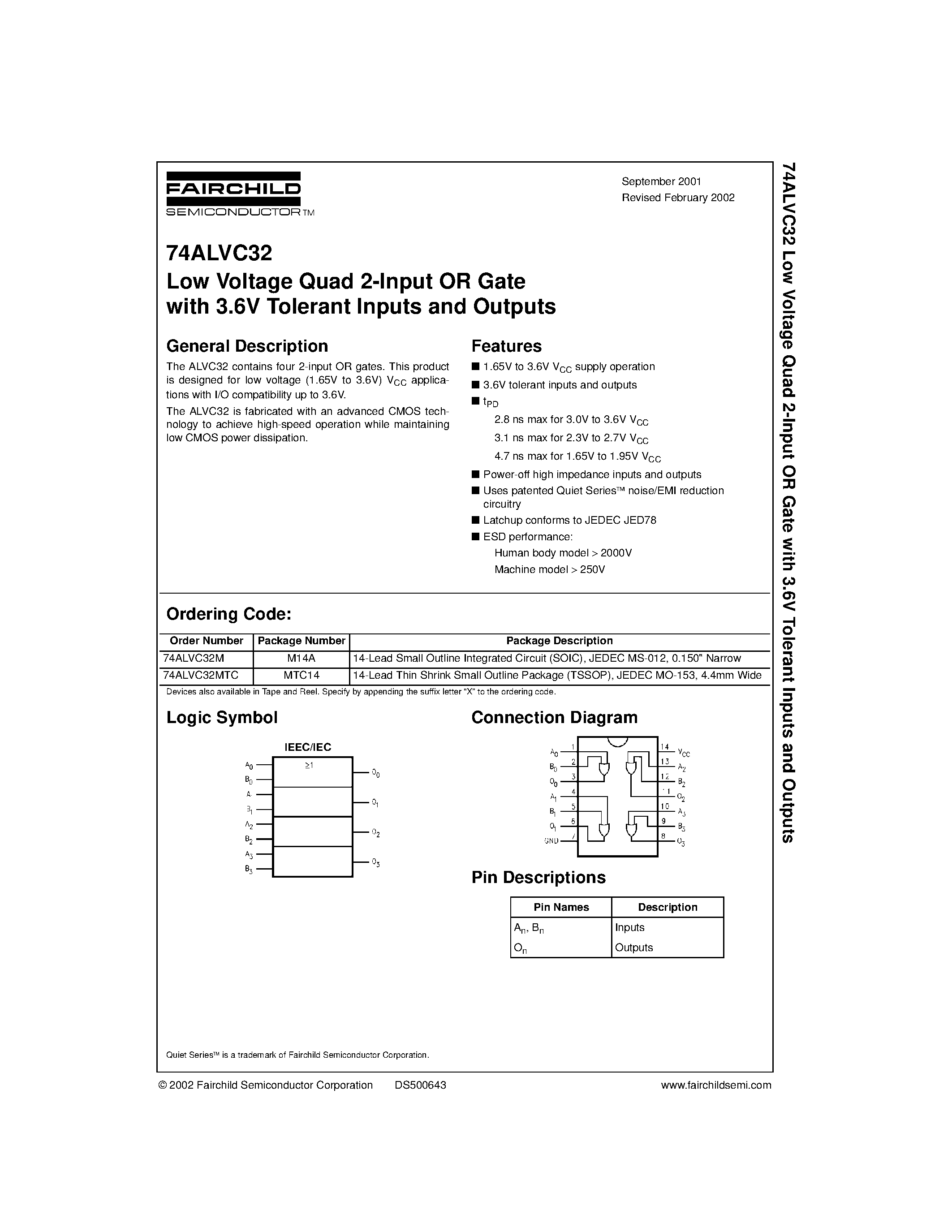 Даташит 74ALVC32 - Low Voltage Quad 2-Input OR Gate with 3.6V Tolerant Inputs and Outputs страница 1