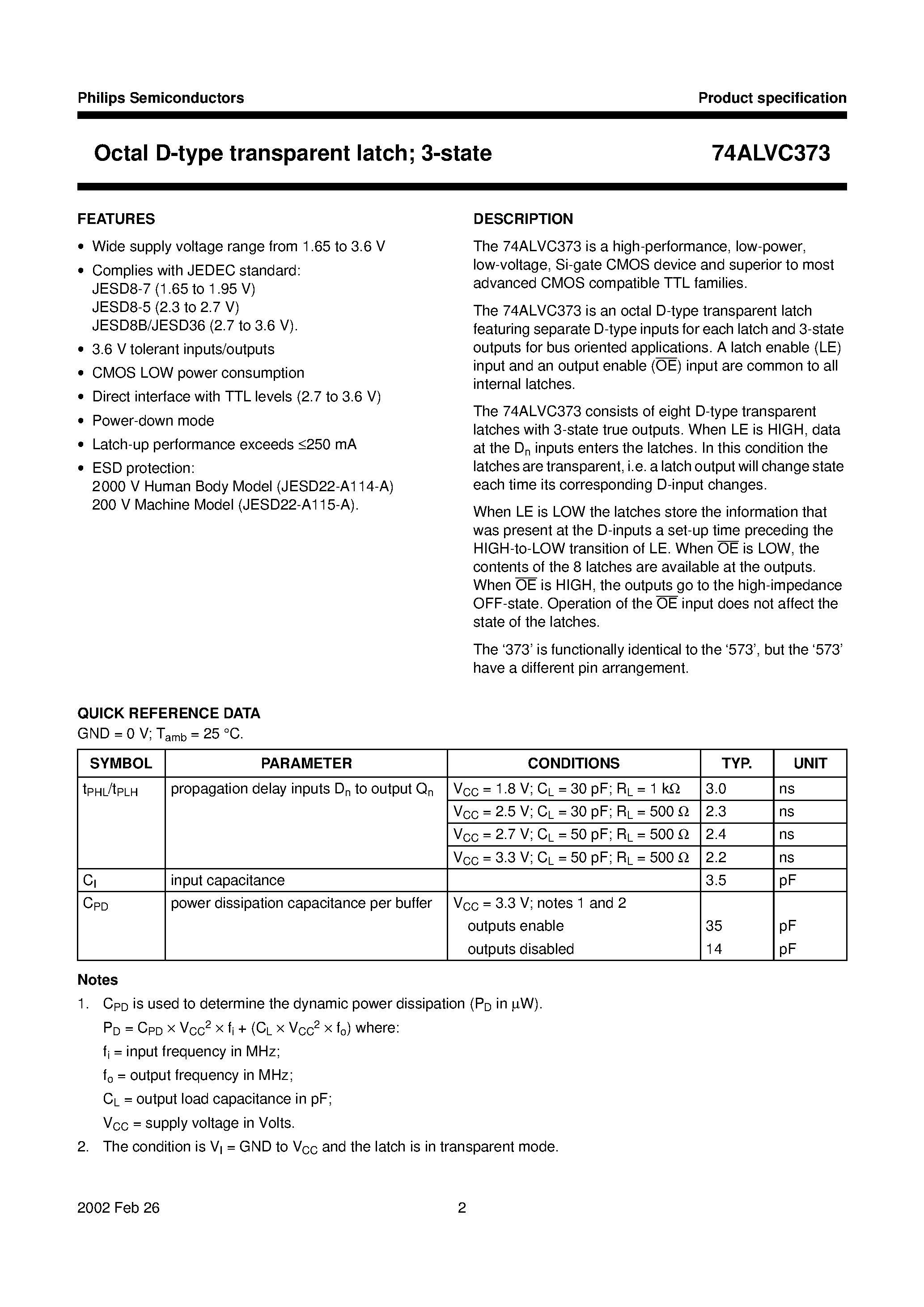 Даташит 74ALVC373 - Octal D-type transparent latch 3-state страница 2