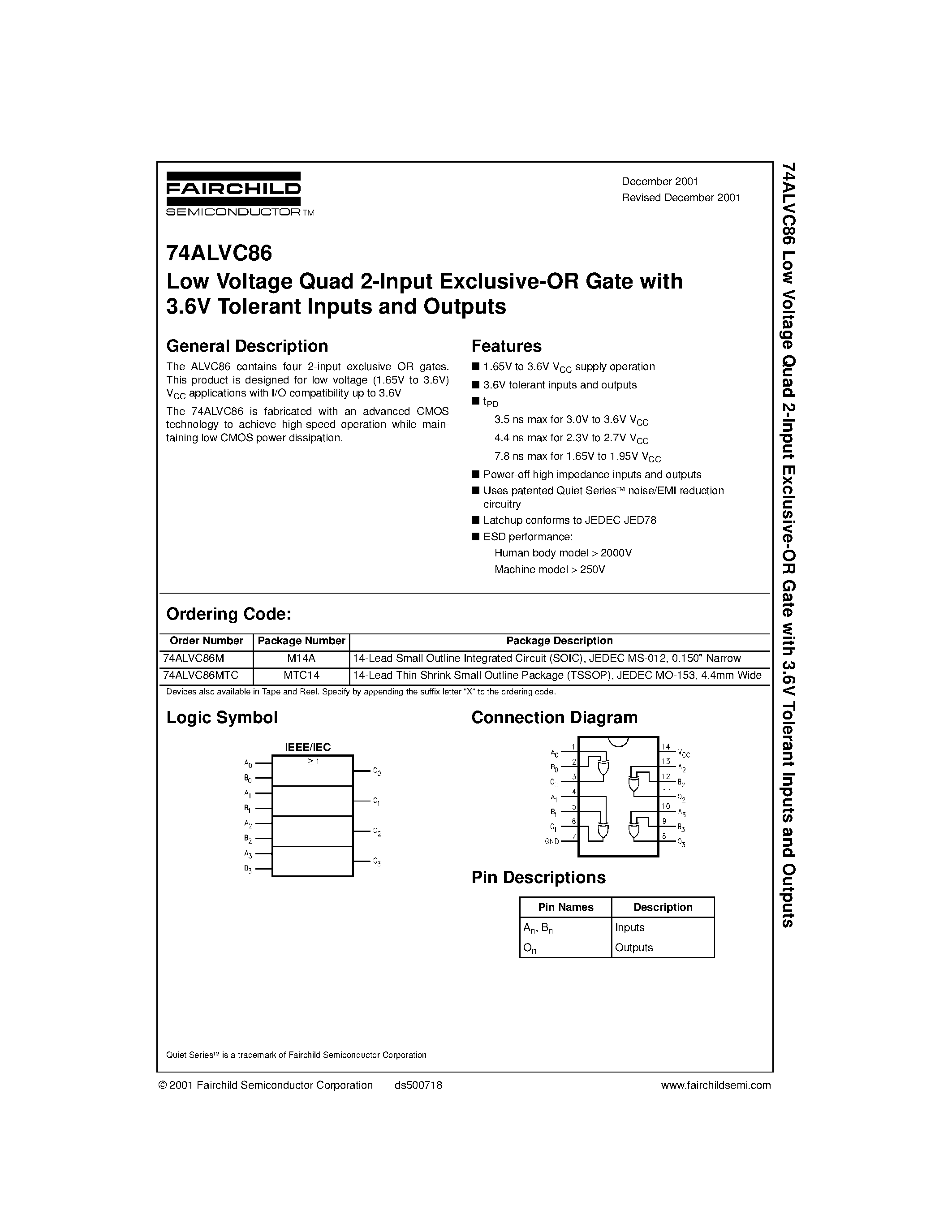 Даташит 74ALVC86 - Low Voltage Quad 2-Input Exclusive-OR Gate with 3.6V Tolerant Inputs and Outputs страница 1