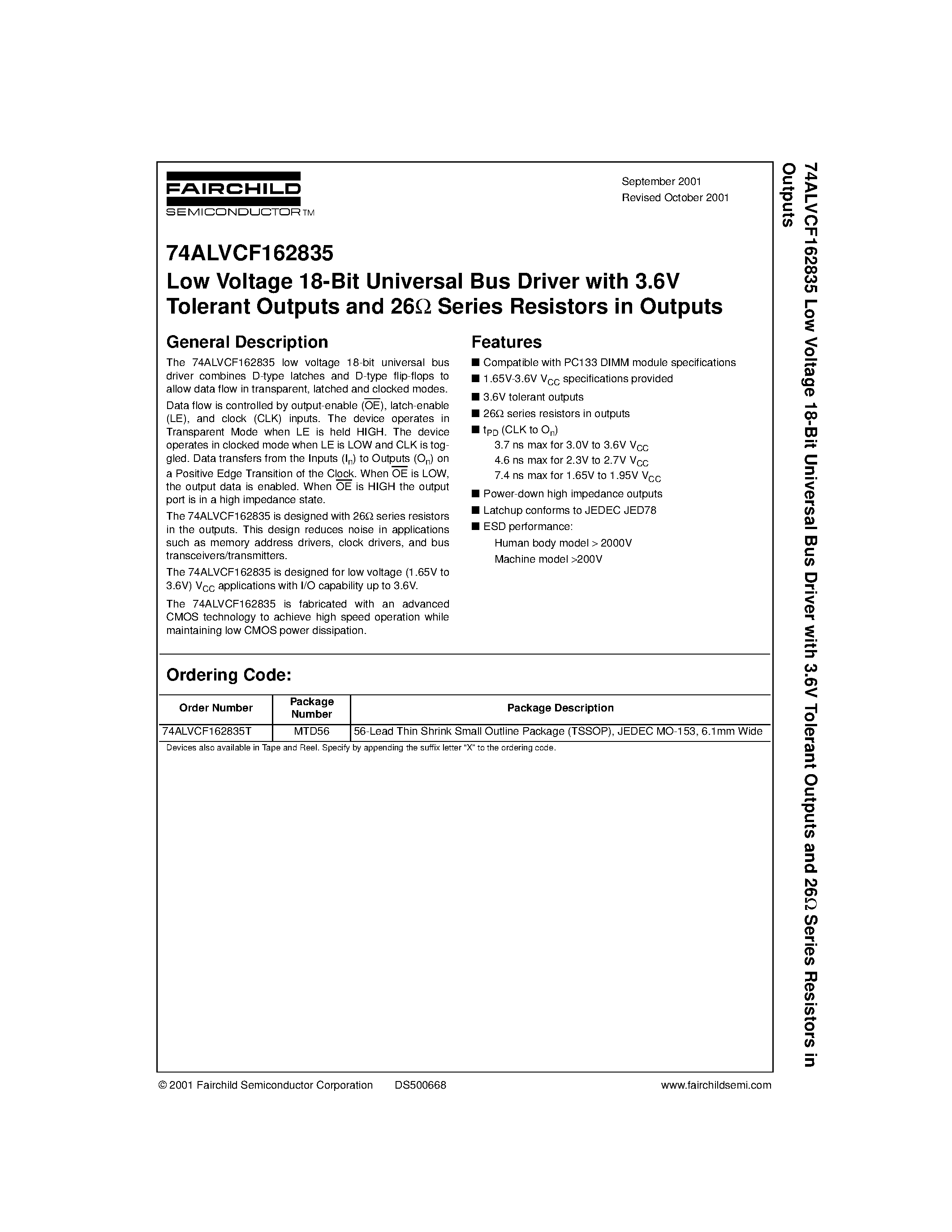 Даташит 74ALVCF162835 - Low Voltage 18-Bit Universal Bus Driver with 3.6V Tolerant Outputs and 26 Series Resistors in Outputs страница 1