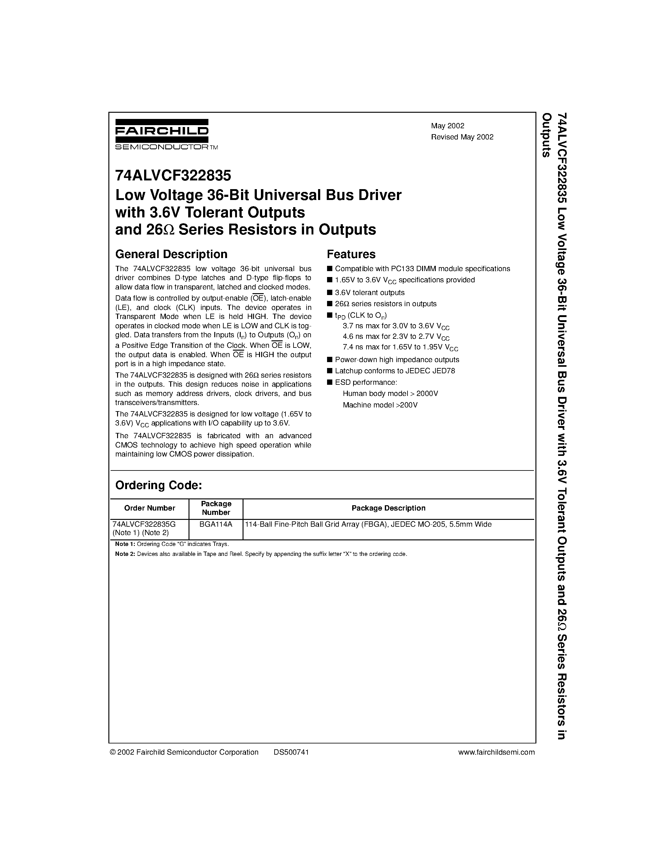 Даташит 74ALVCF322835 - Low Voltage 36-Bit Universal Bus Driver with 3.6V Tolerant Outputs and 26 Series Resistors in Outputs страница 1