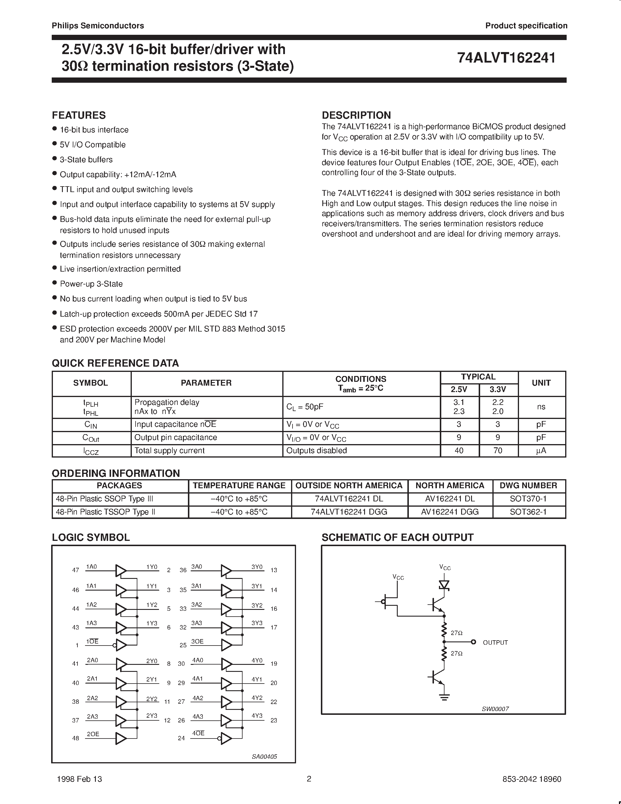 Даташит 74ALVT162241 - 2.5V/3.3V 16-bit buffer/driver with 30ohm termination resistors 3-State страница 2