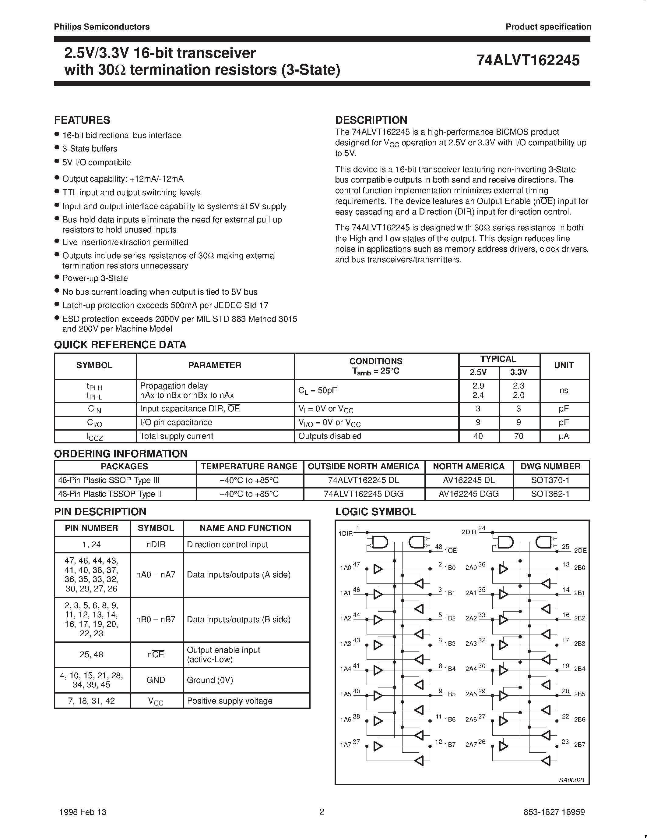 Datasheet 74ALVT162245 - 2.5V/3.3V ALVT 16-bit transceiver with 30ohm termination resistors 3-State page 2