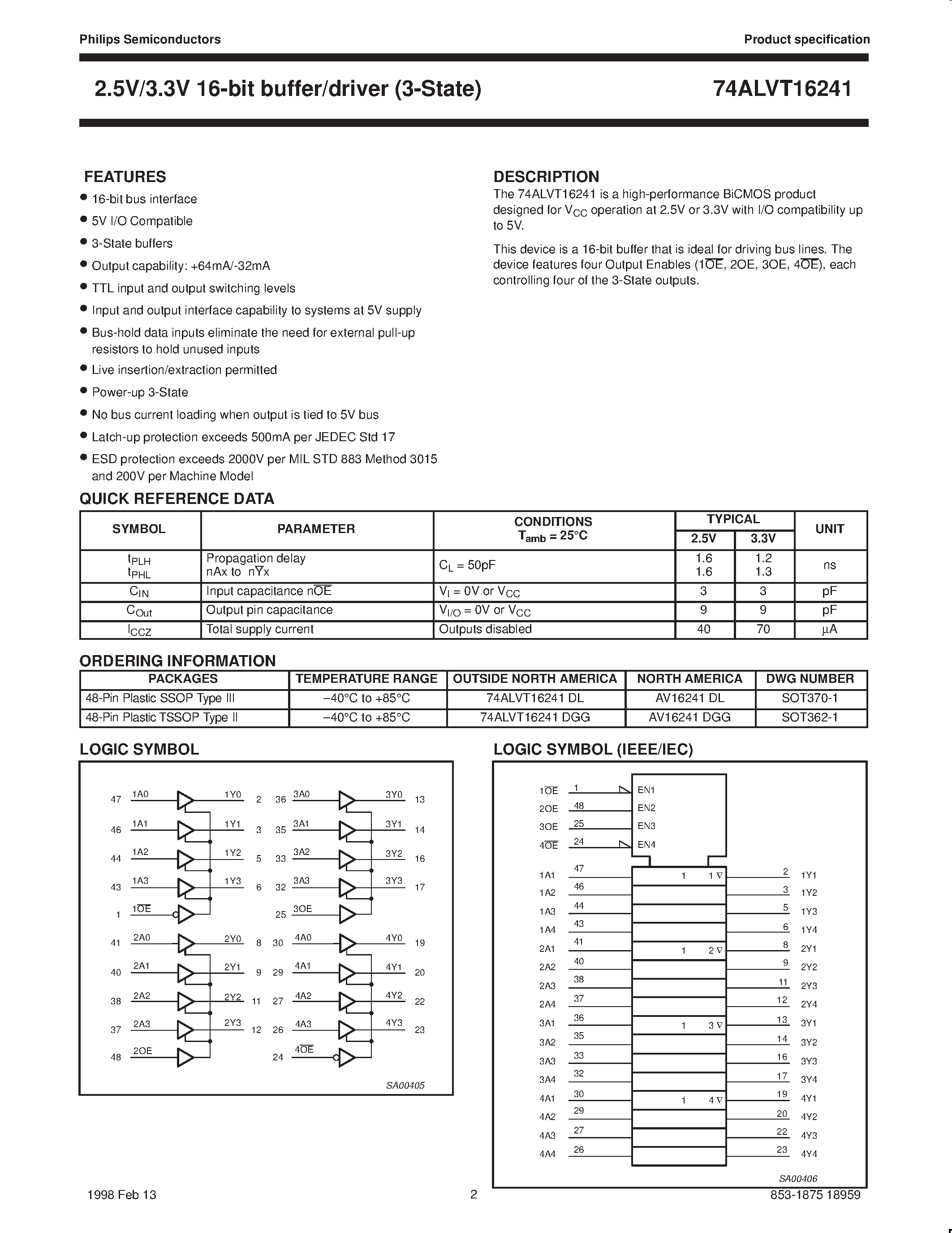 Даташит 74ALVT16241DL - 2.5V/3.3V ALVT 16-bit buffer/driver 3-State страница 2