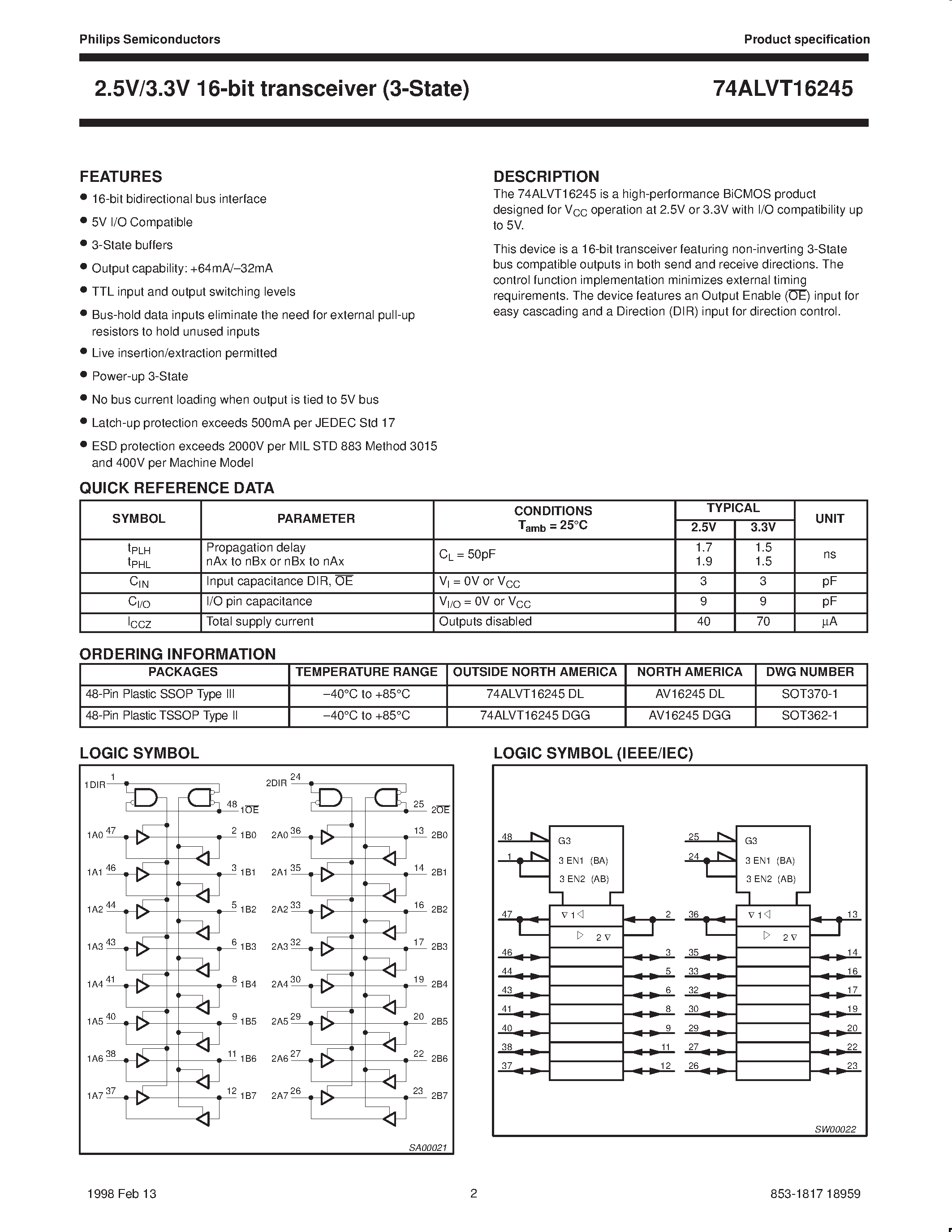 Даташит 74ALVT16245DGG - 2.5V/3.3V ALVT 16-bit transceiver 3-State страница 2