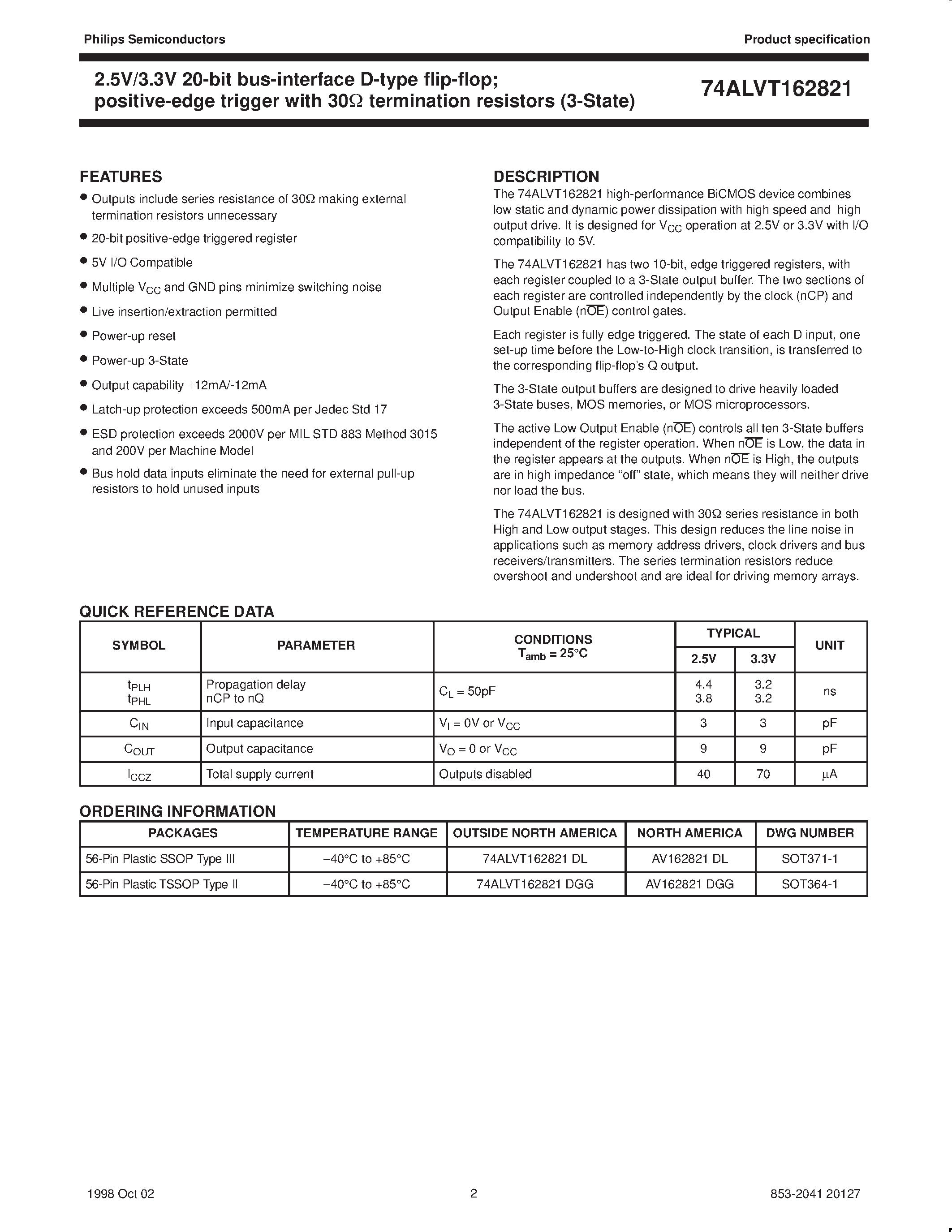 Datasheet 74ALVT162821 - 2.5V/3.3V 20-bit bus-interface D-type flip-flop; positive-edge trigger with 30ohm termination resistors 3-State page 2