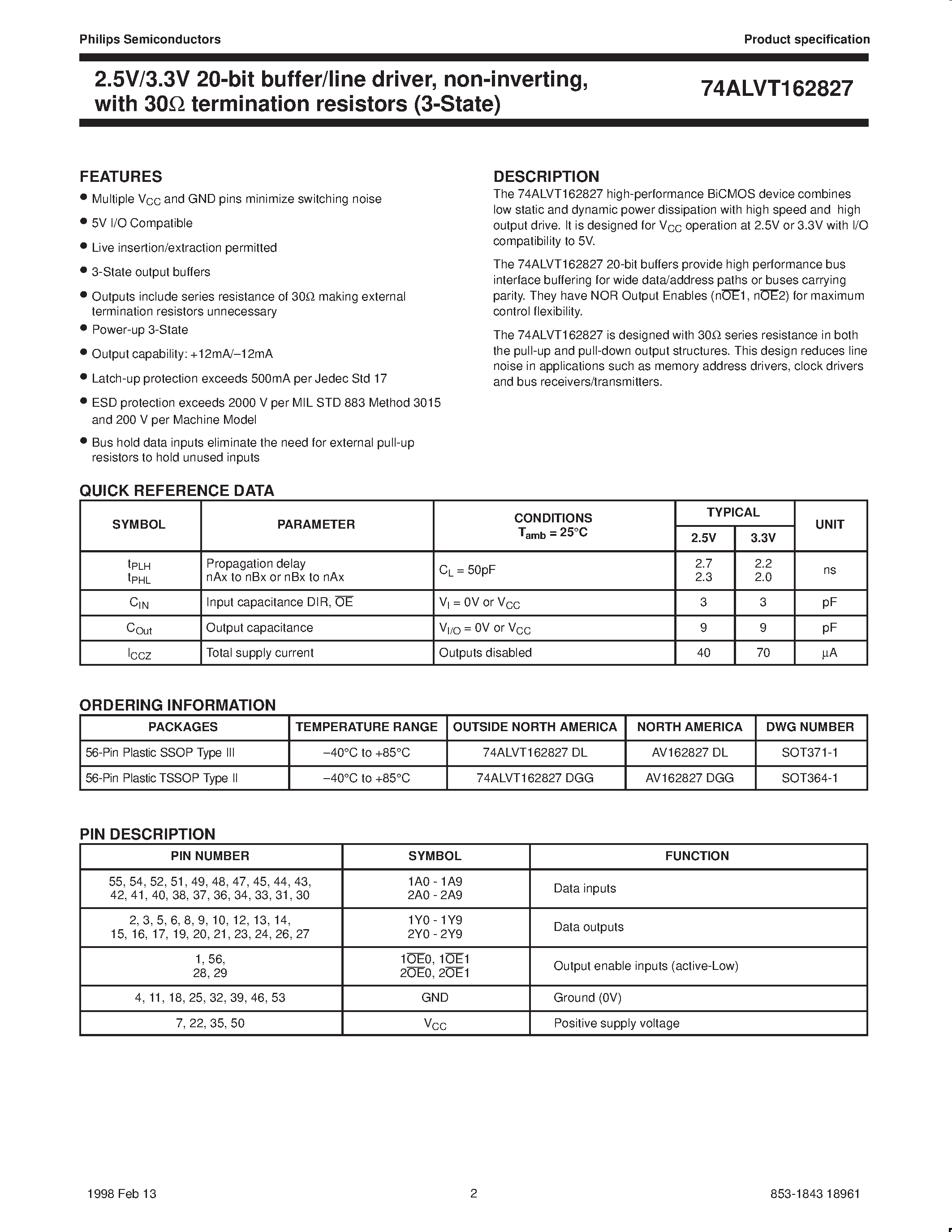 Datasheet 74ALVT162827 - 20-bit buffer/line driver/ non-inverting/ with 30ohm termination resistors 3-State page 2