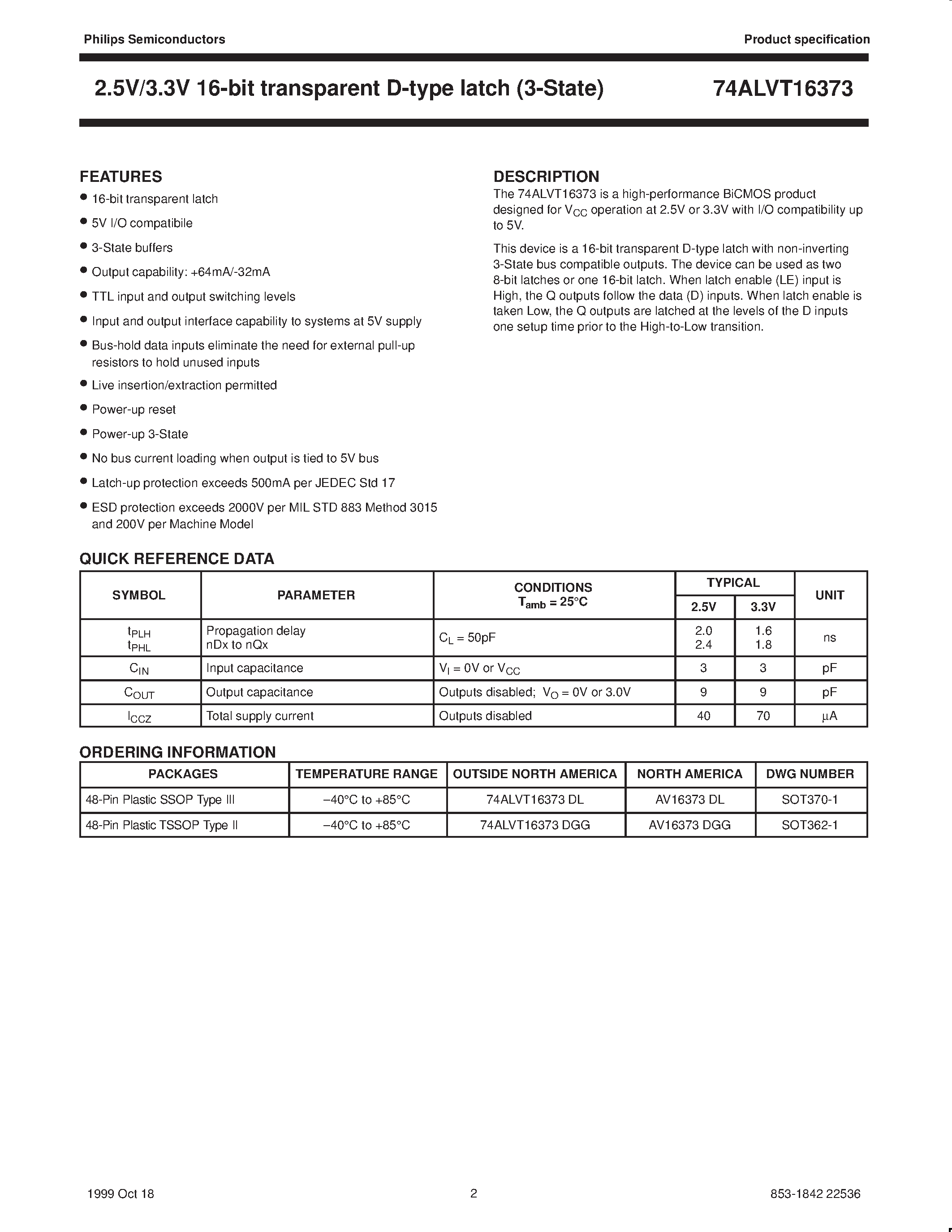 Даташит 74ALVT16373DGG - 2.5V/3.3V 16-bit transparent D-type latch 3-State страница 2