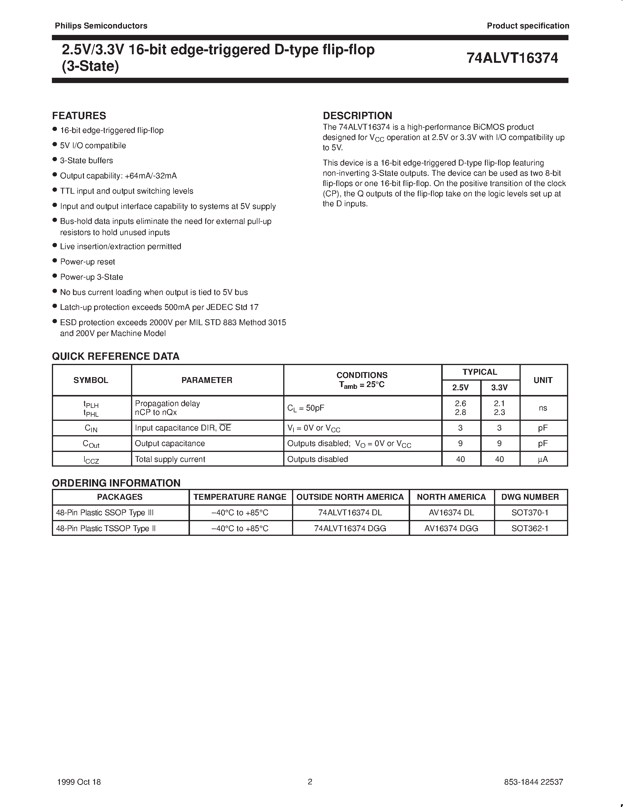 Datasheet 74ALVT16374 - 2.5V/3.3V 16-bit edge-triggered D-type flip-flop 3-State page 2