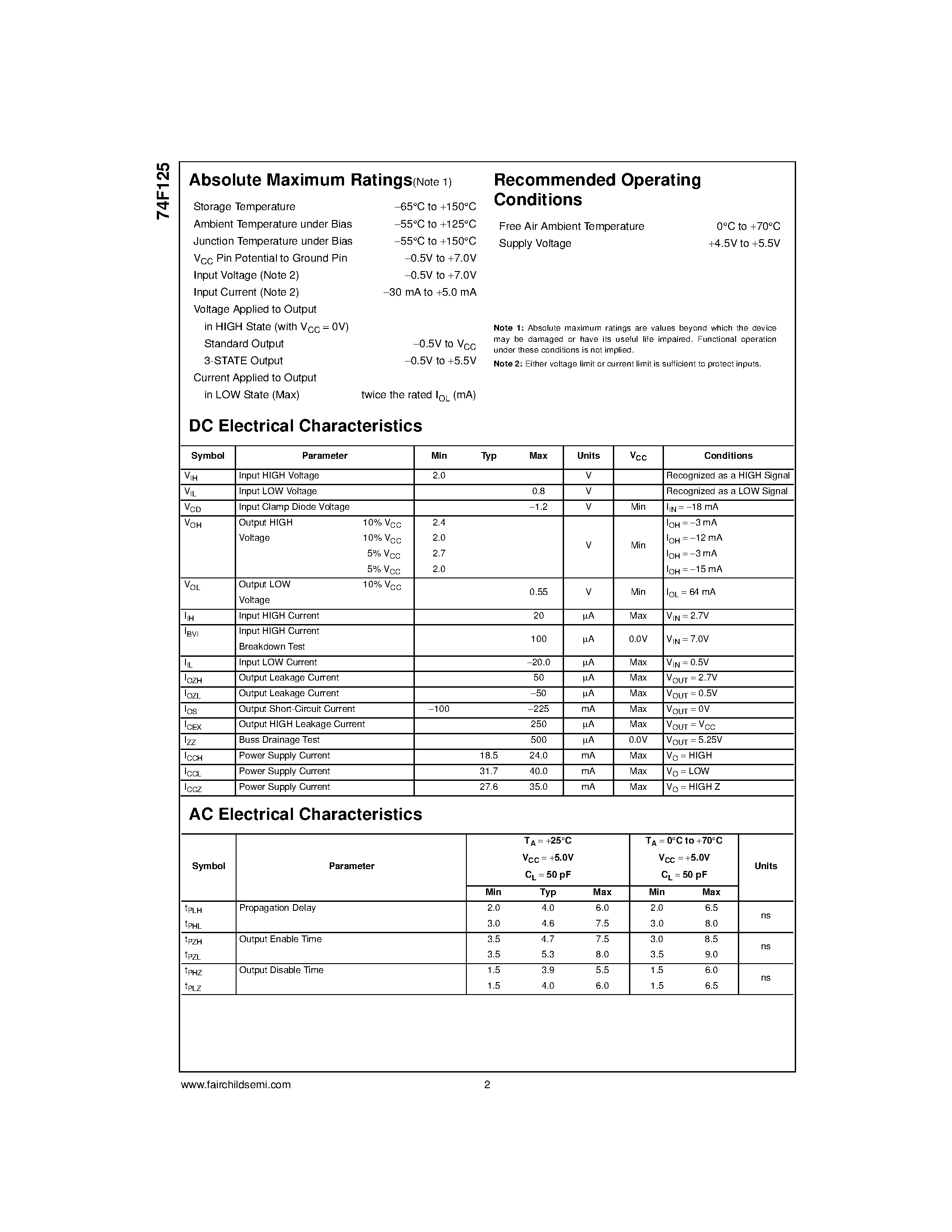 Datasheet 74F125PC - Quad Buffer (3-STATE) page 2