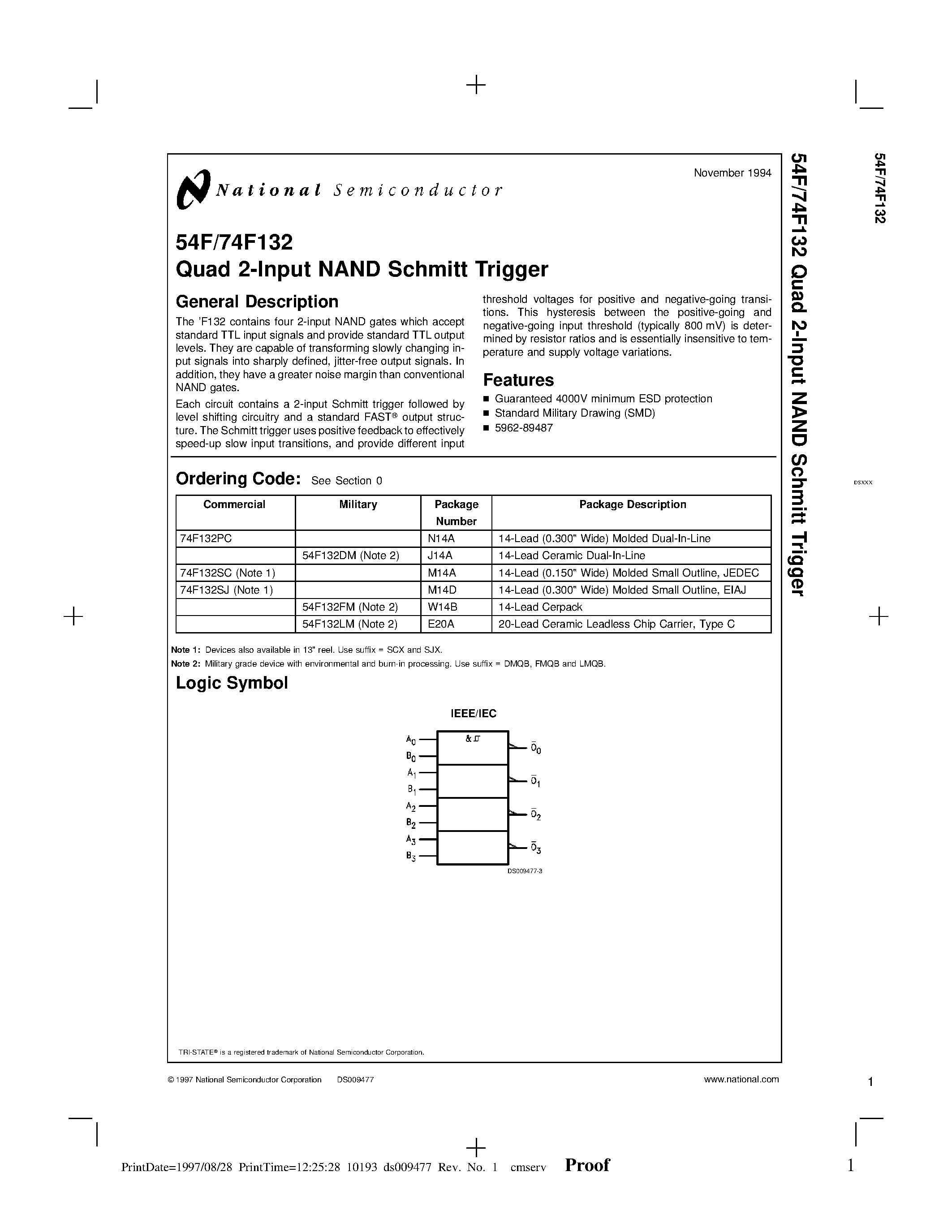 Datasheet 74F132PC - Quad 2-Input NAND Schmitt Trigger page 1