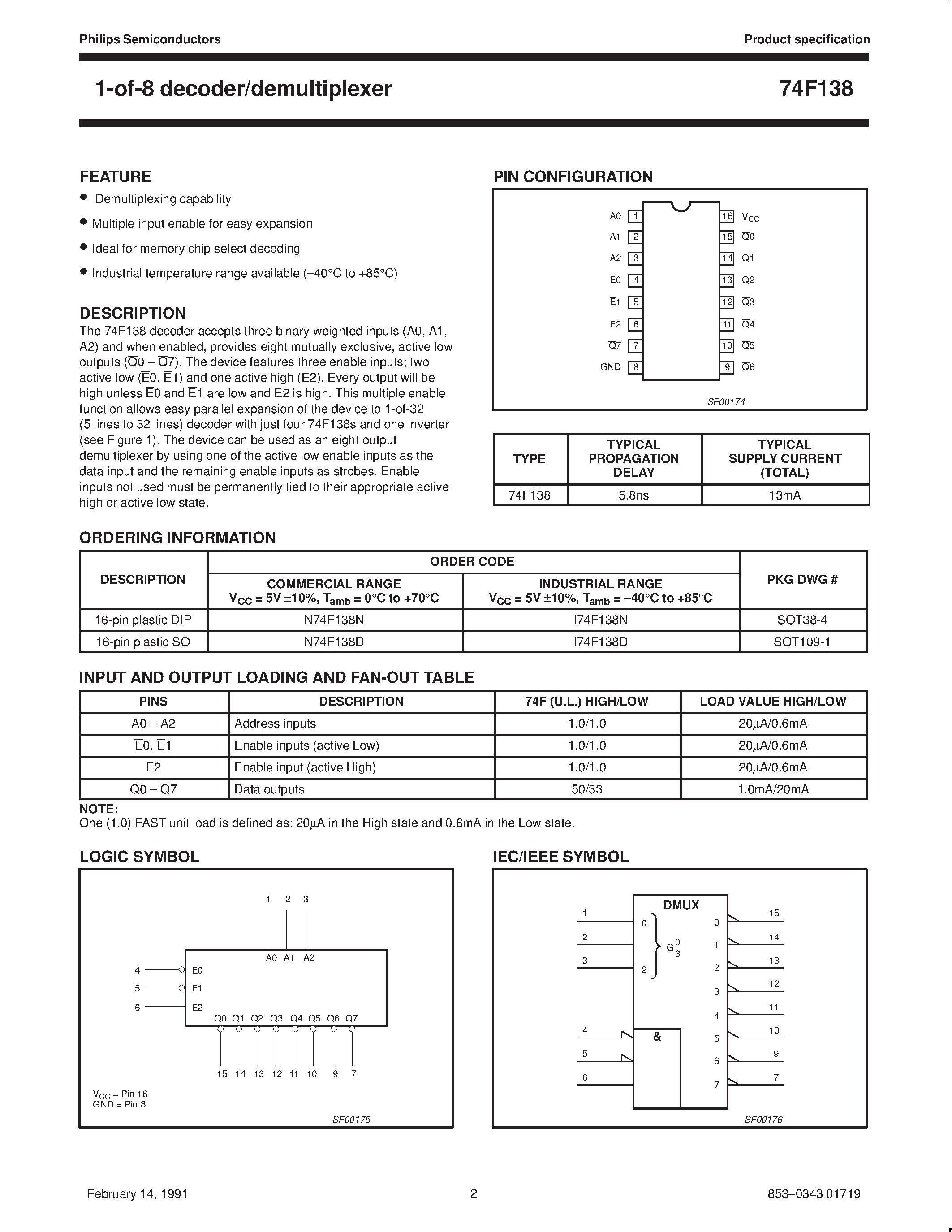 Datasheet 74F138 - 1-of-8 decoder/demultiplexer page 2