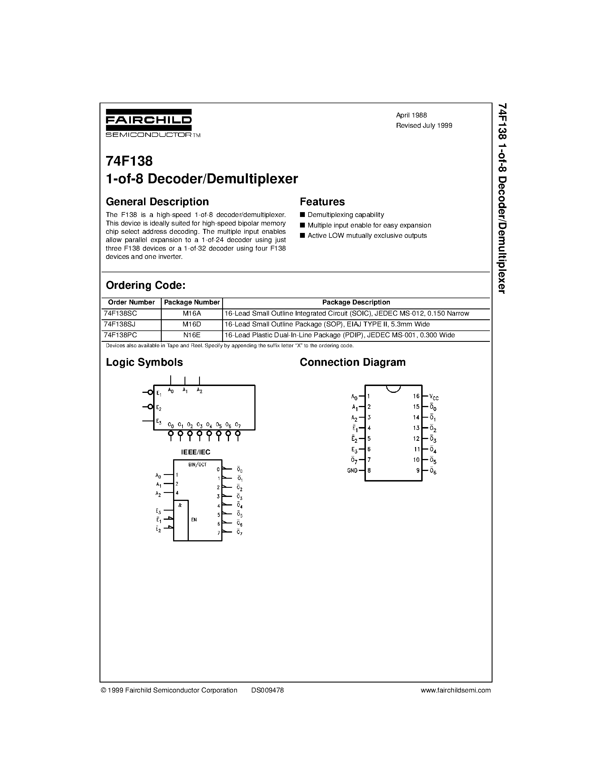 Datasheet 74F138 - 1-of-8 Decoder/Demultiplexer page 1