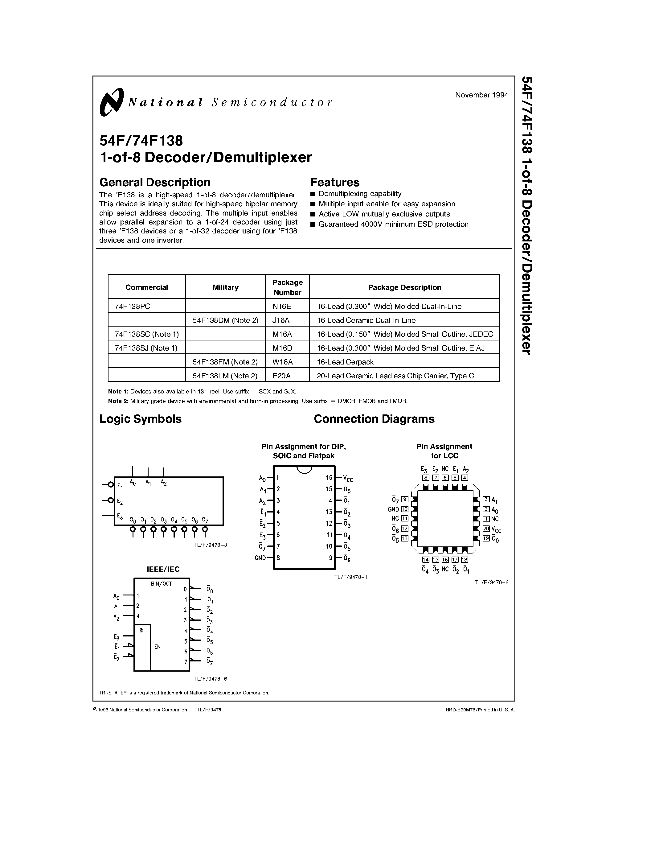 Datasheet 74F138PC - 1-of-8 Decoder/Demultiplexer page 1