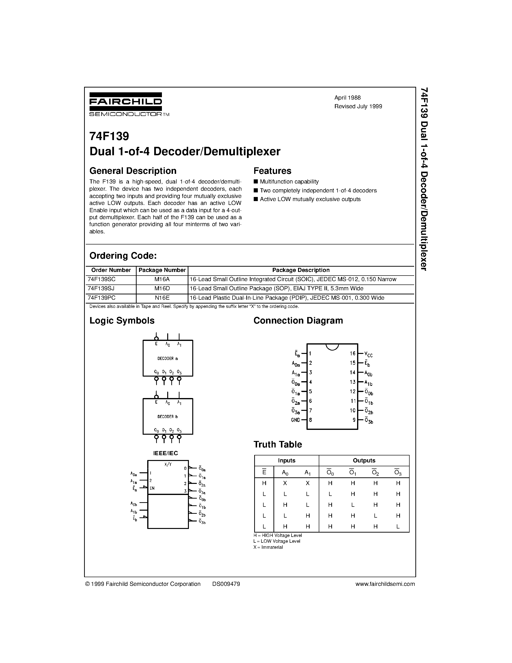 Datasheet 74F139 - Dual 1-of-4 Decoder/Demultiplexer page 1