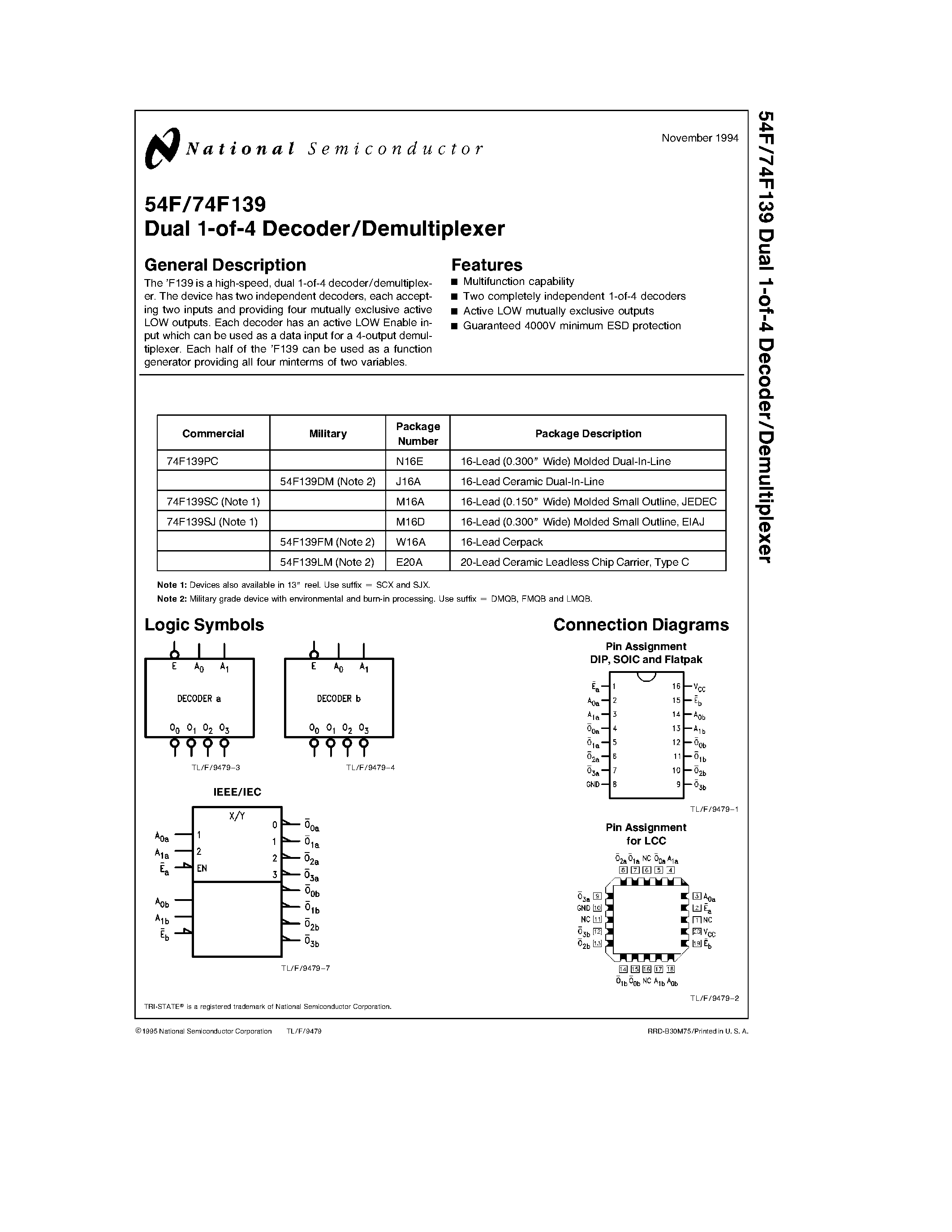 Datasheet 74F139 - Dual 1-of-4 Decoder/Demultiplexer page 1