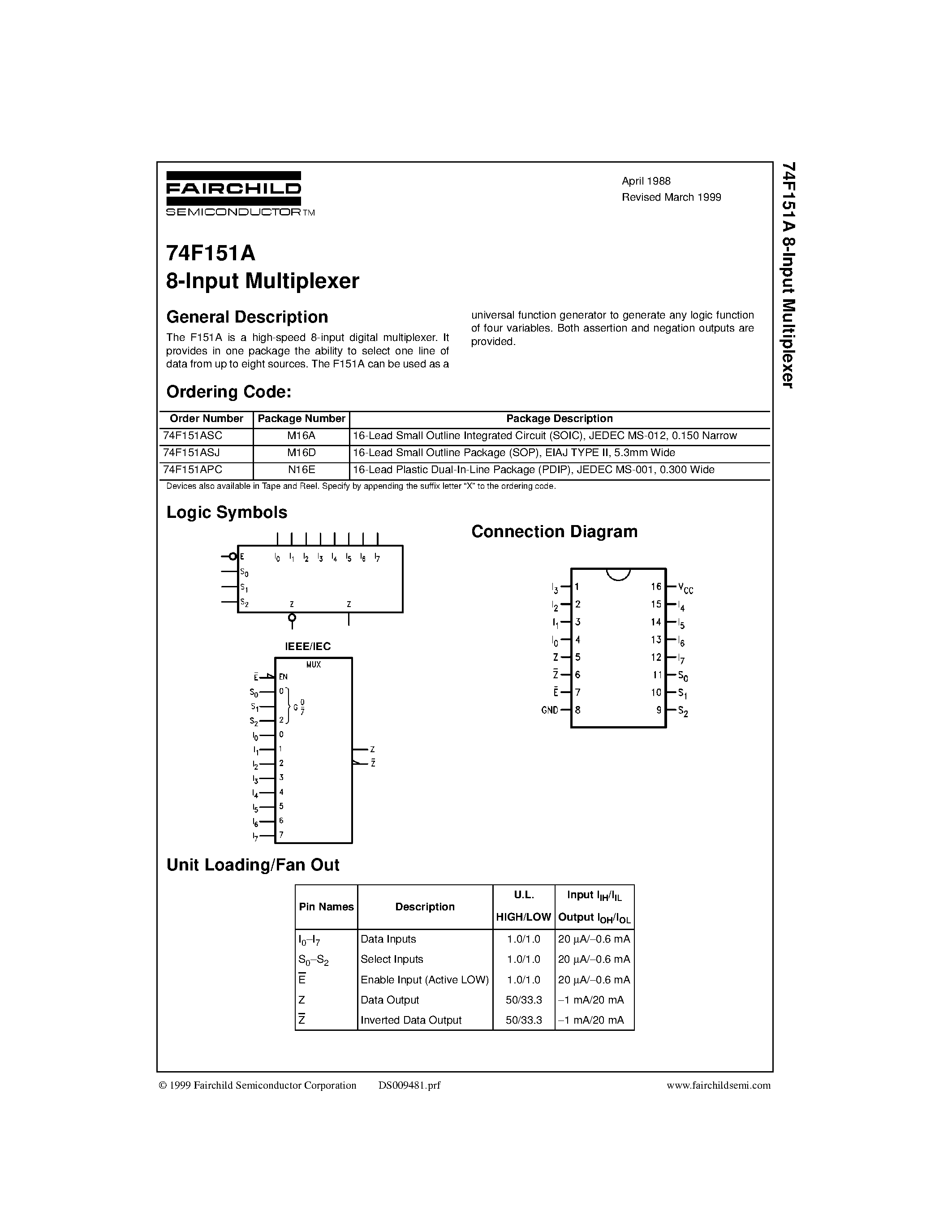 Datasheet 74F151 - 8-Input Multiplexer page 1