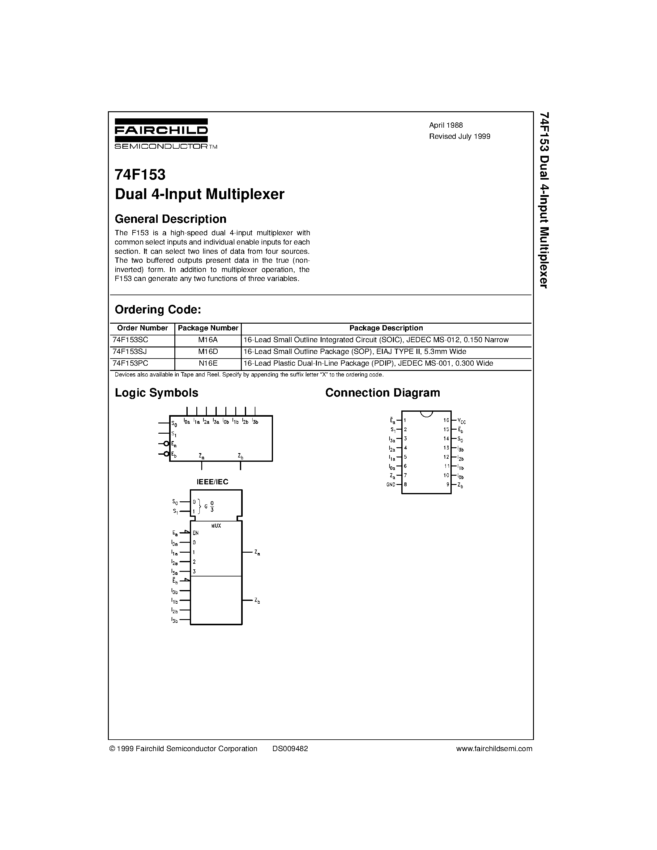 Даташит 74F153 - Dual 4-Input Multiplexer страница 1