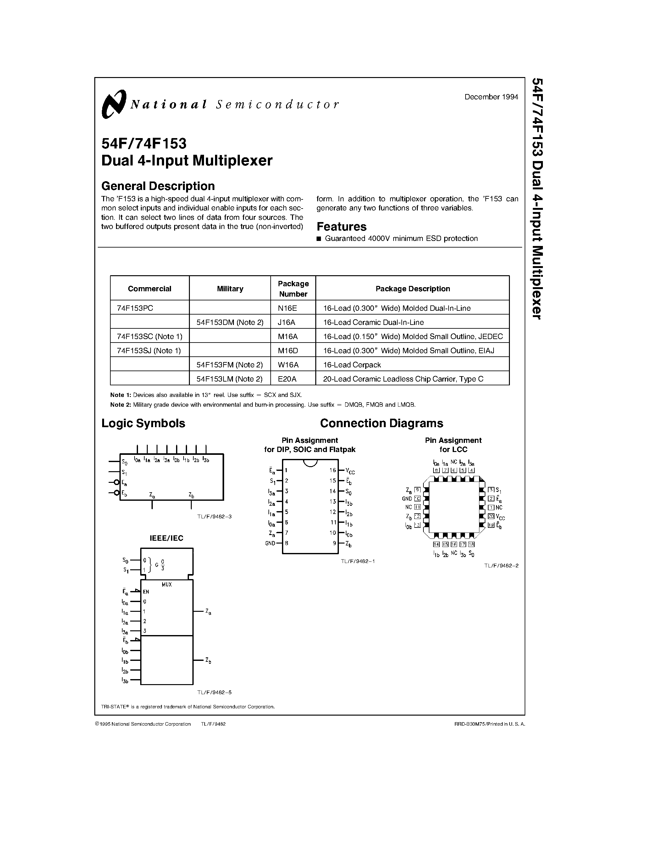 Datasheet 74F153PC - Dual 4-Input Multiplexer page 1