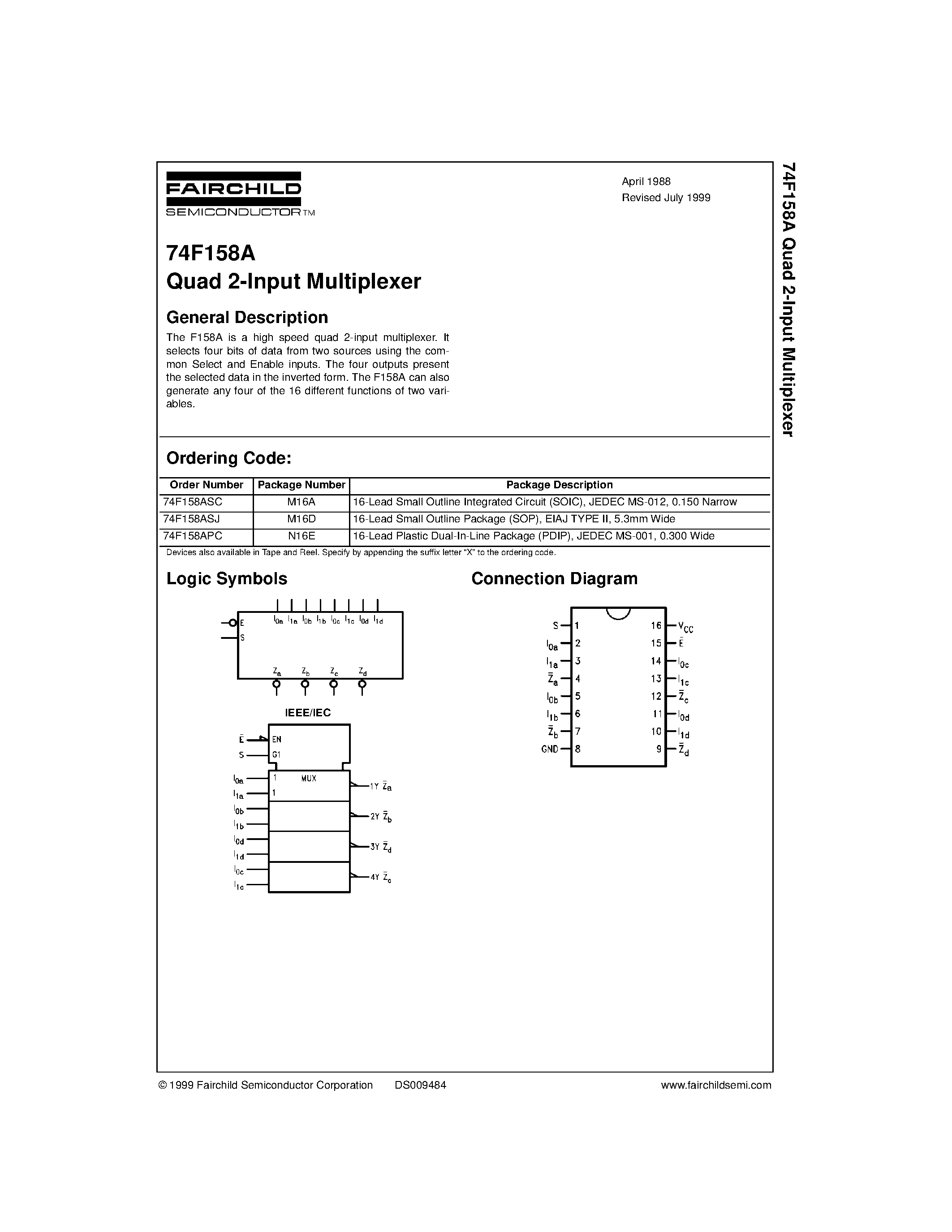 Даташит 74F158 - Quad 2-Input Multiplexer страница 1