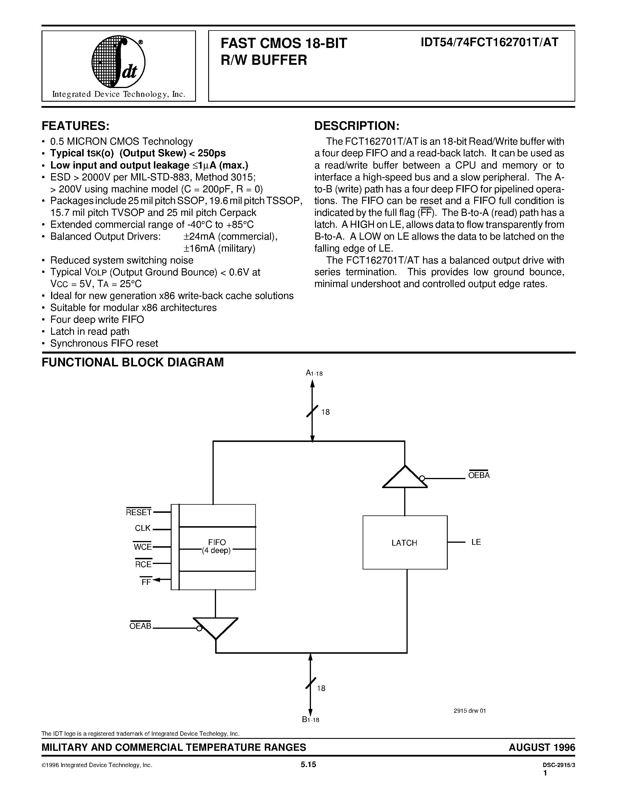 Datasheet IDT54FCT162701AT - FAST CMOS 18-BIT R/W BUFFER page 1