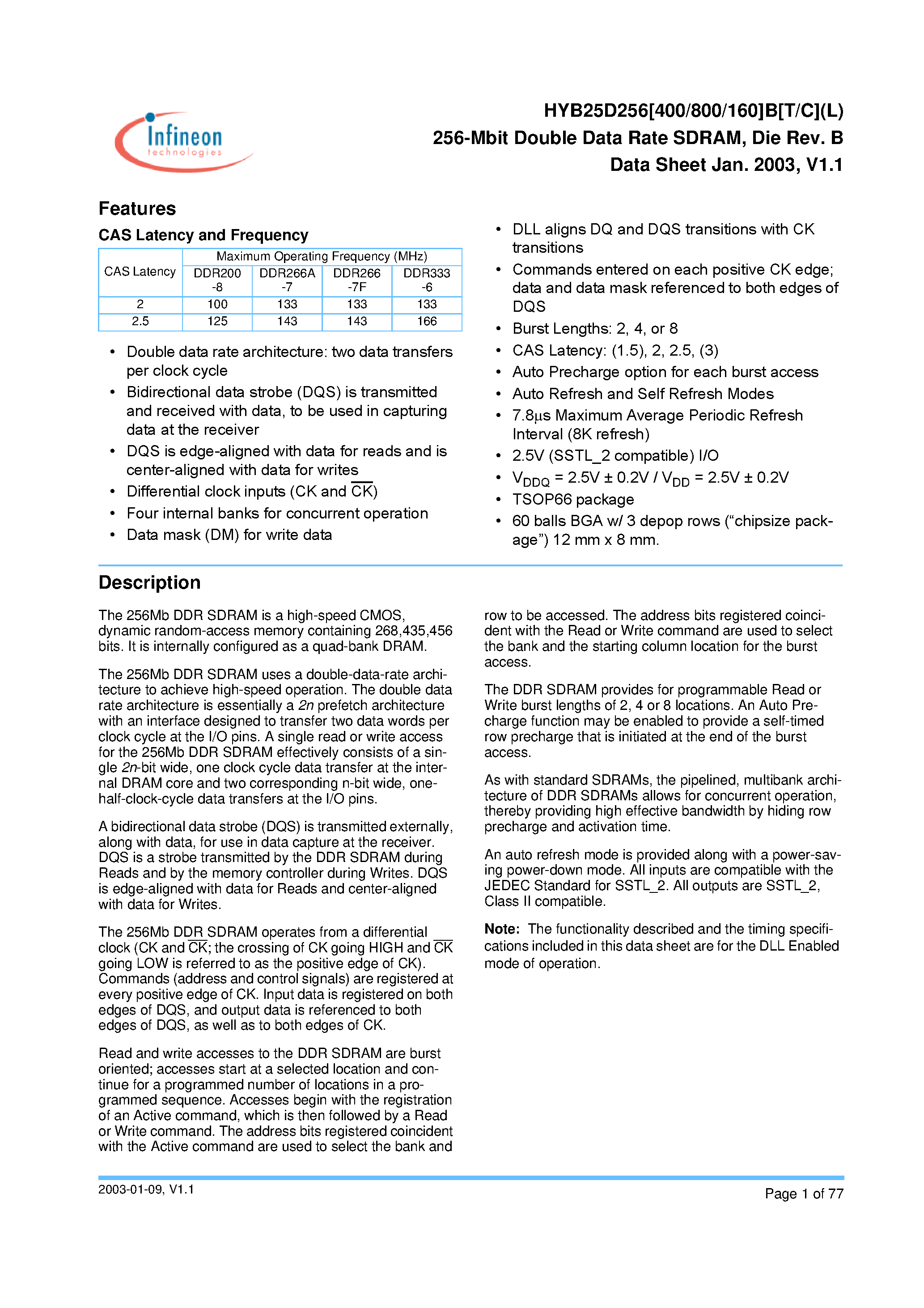 Datasheet HYB25D256400BT - 256-Mbit Double Data Rate SDRAM/ Die Rev. B page 1