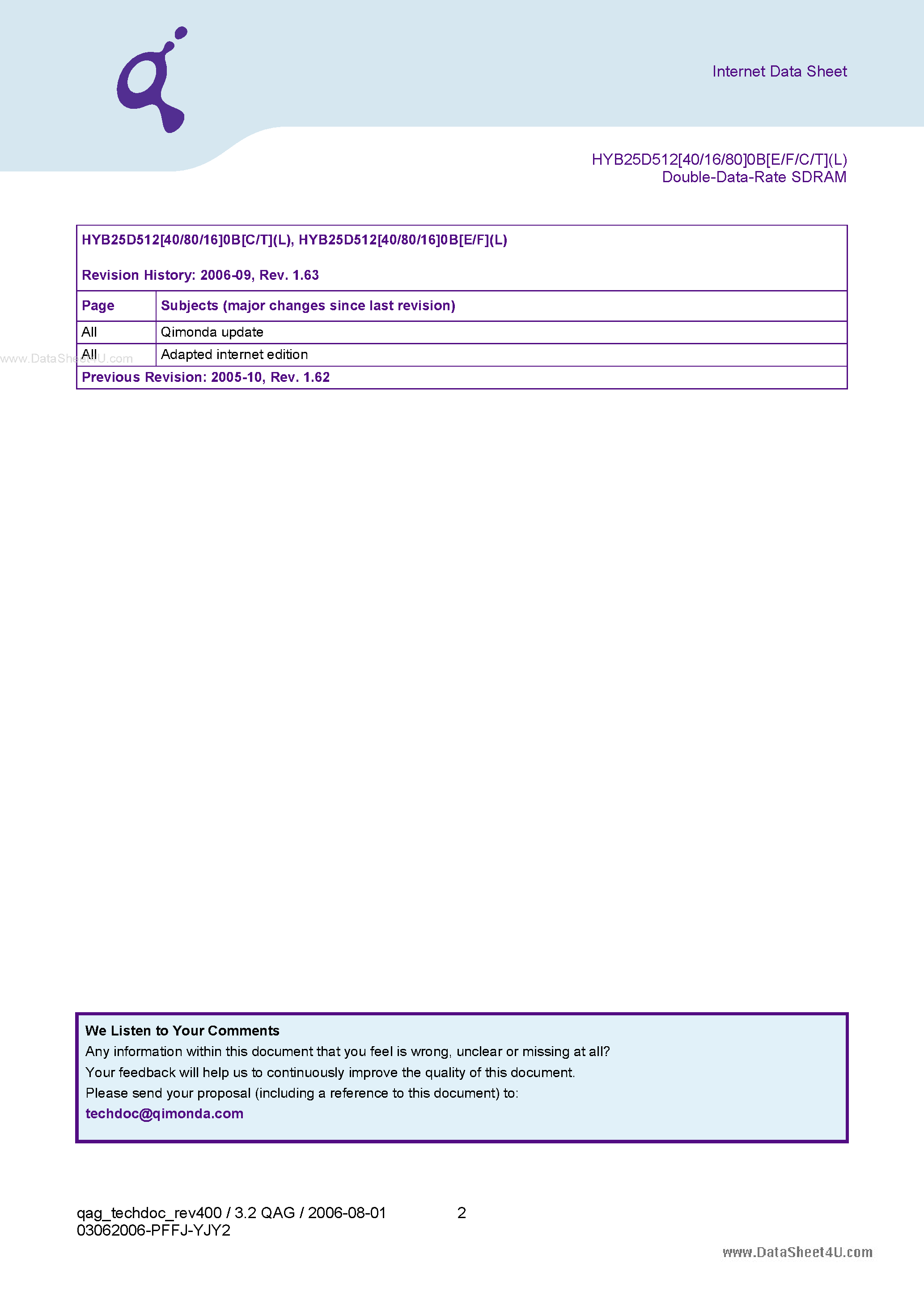 Даташит HYB25D512400BF-6 - 512Mbit Double Data Rate SDRAM страница 2