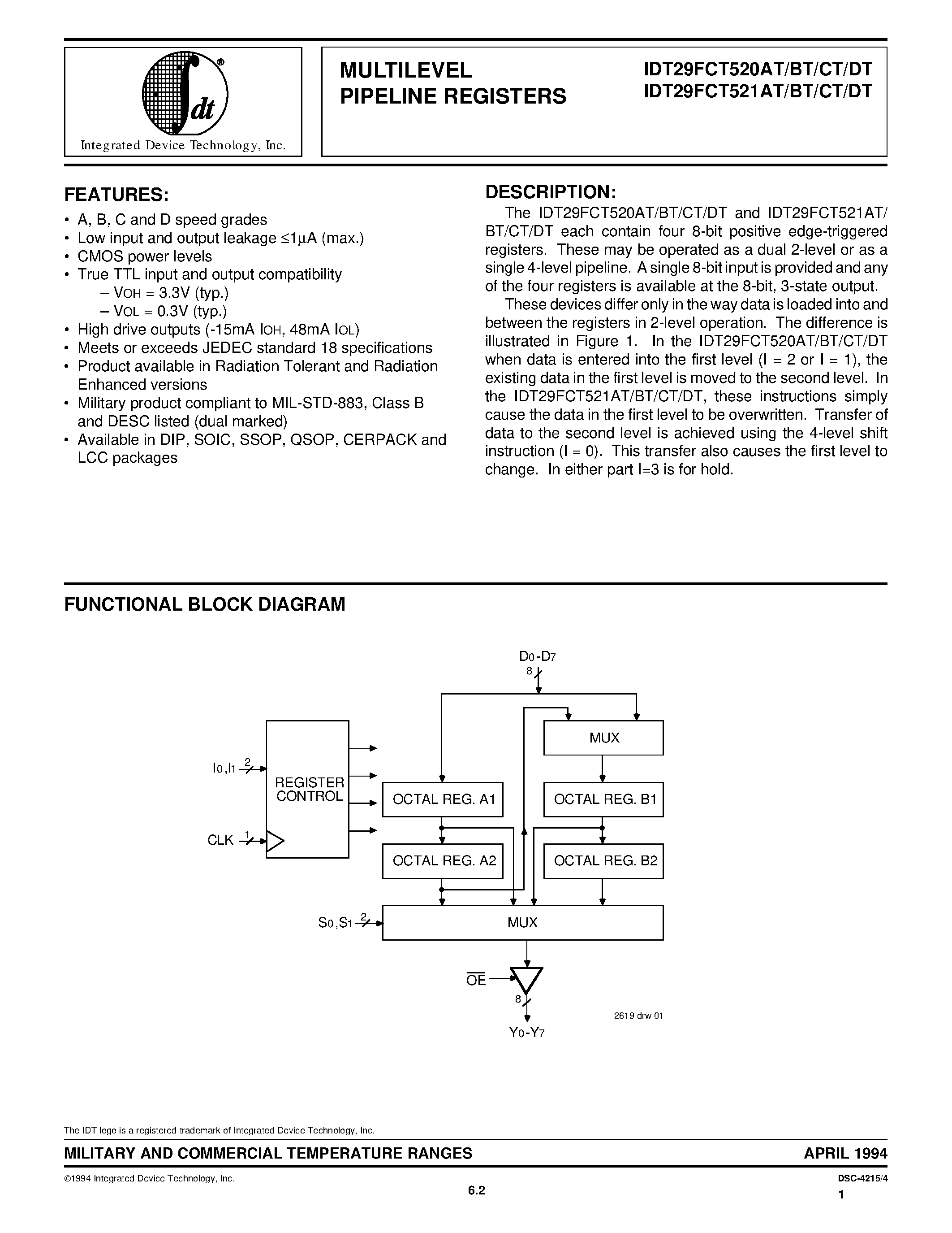 Даташит 7429FCT520BTPB - MULTILEVEL PIPELINE REGISTERS страница 1