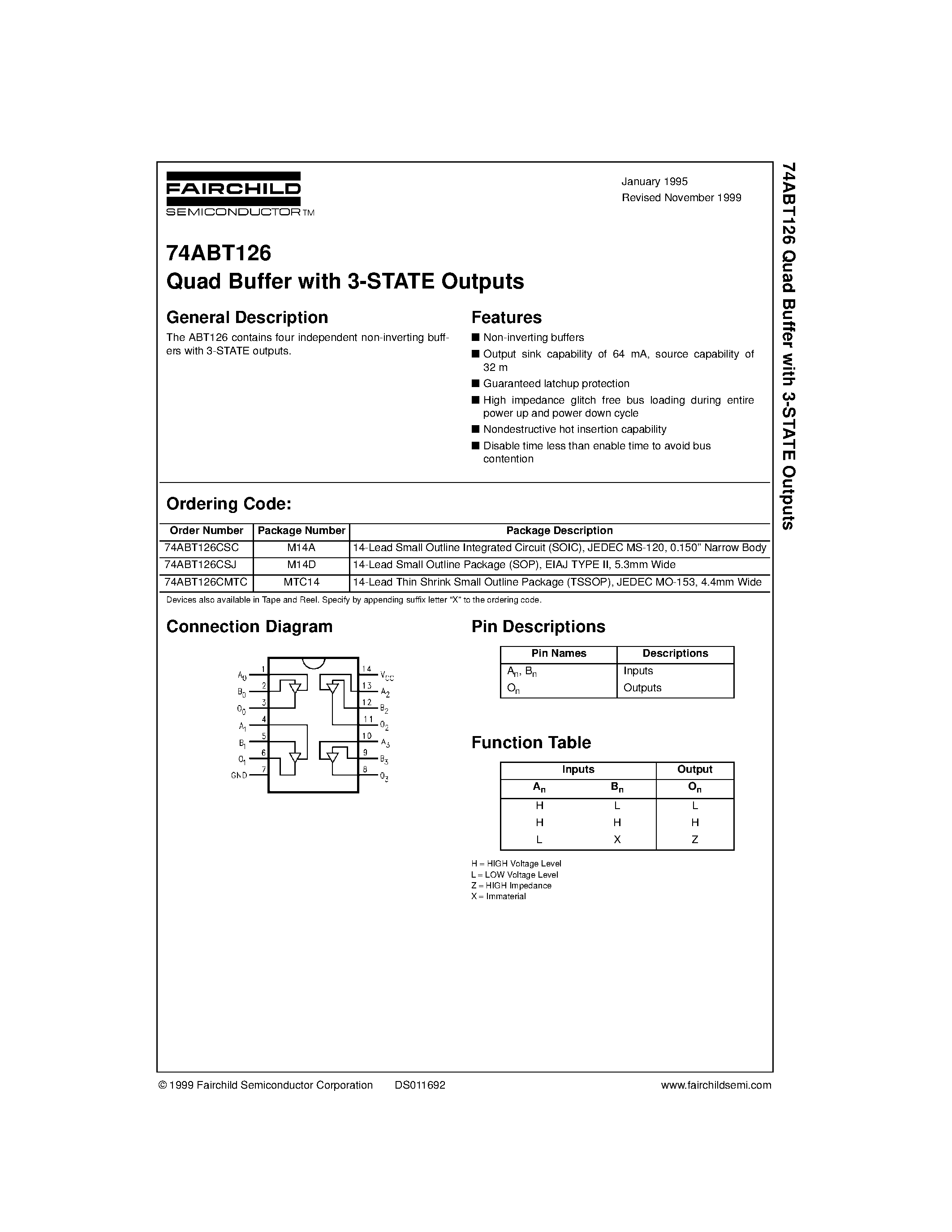 Datasheet 74ABT126CMTC - Quad Buffer with 3-STATE Outputs page 1