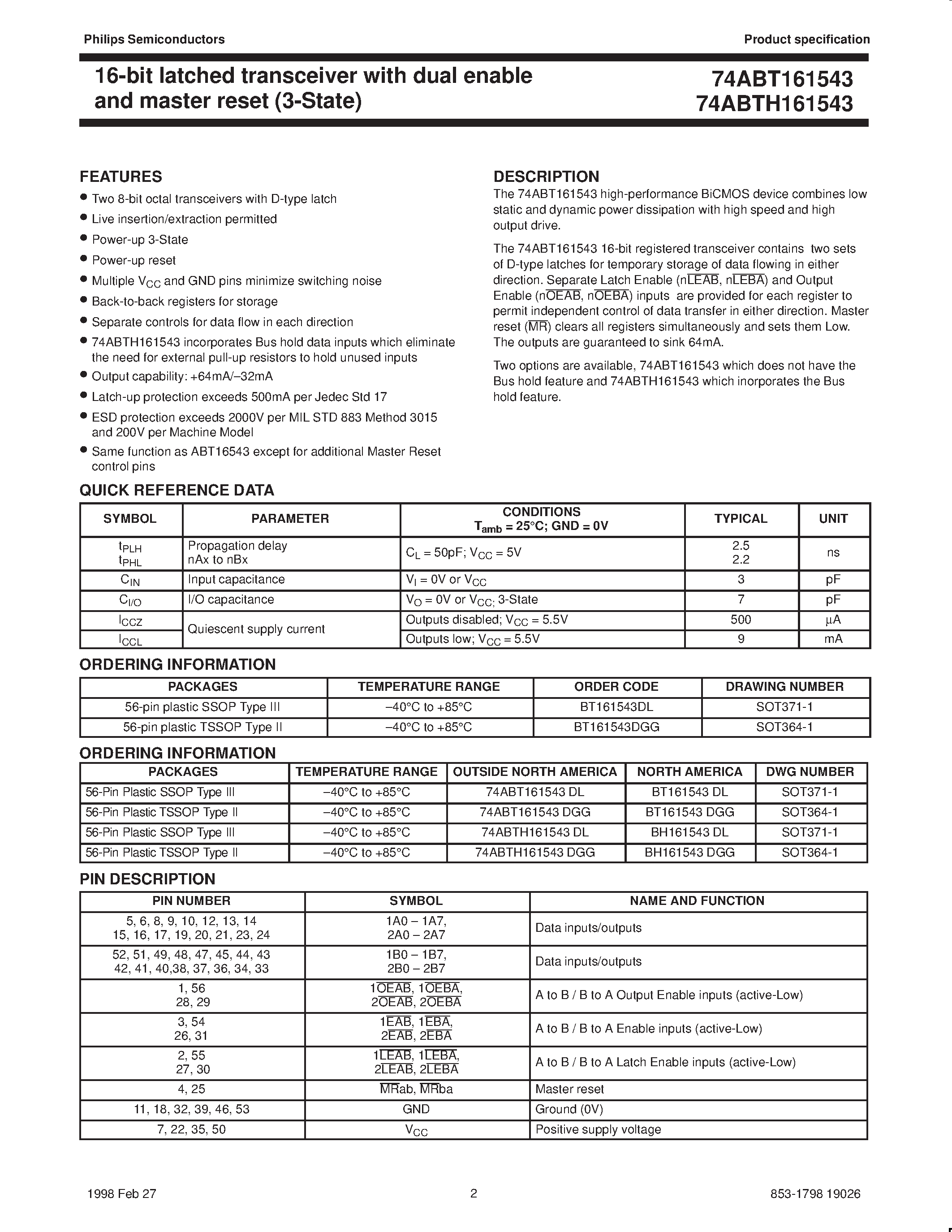 Datasheet 74ABT161543DGG - 16-bit latched transceiver with dual enable and master reset 3-State page 2