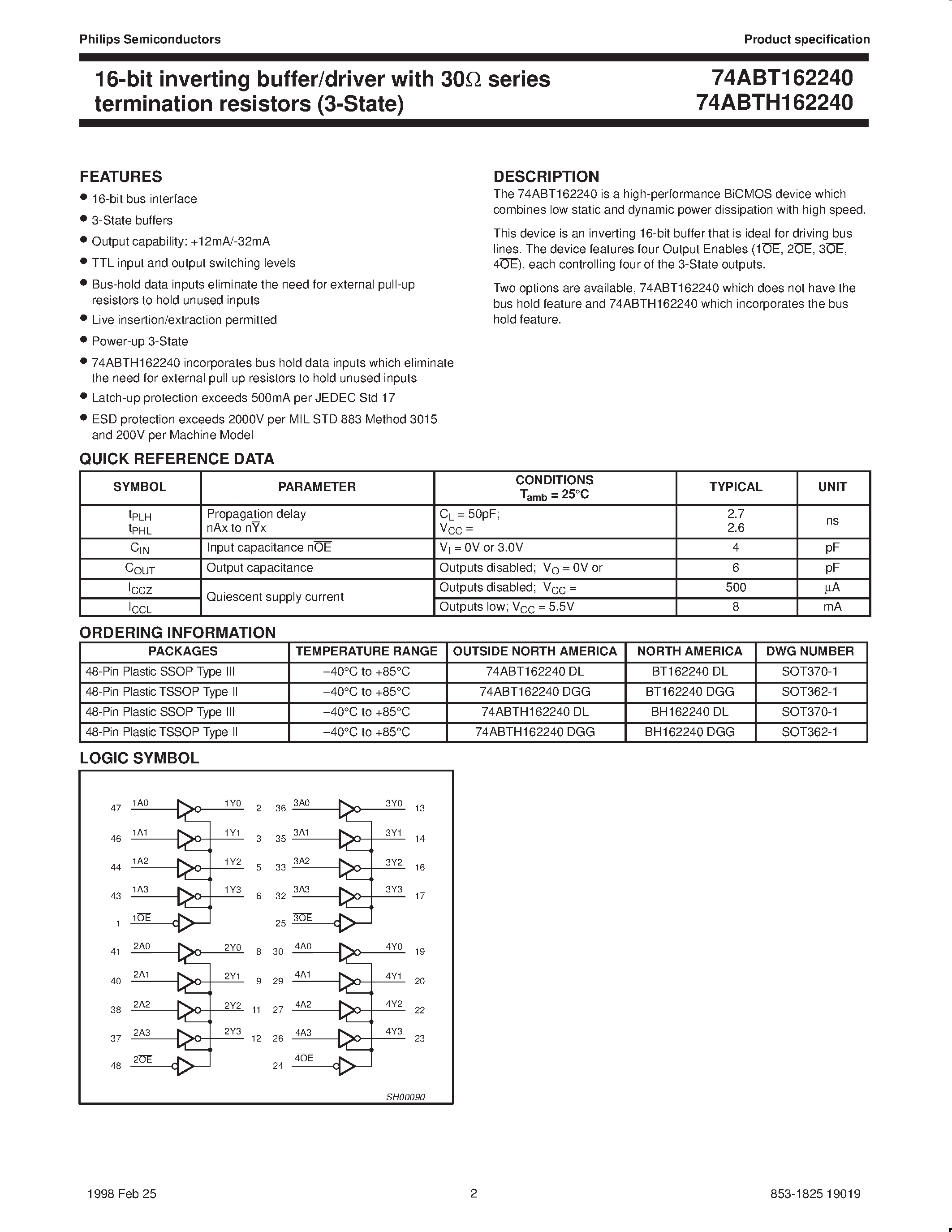 Даташит 74ABT162240DGG - 16-bit inverting buffer/driver with 30ohm series termination resistors страница 2