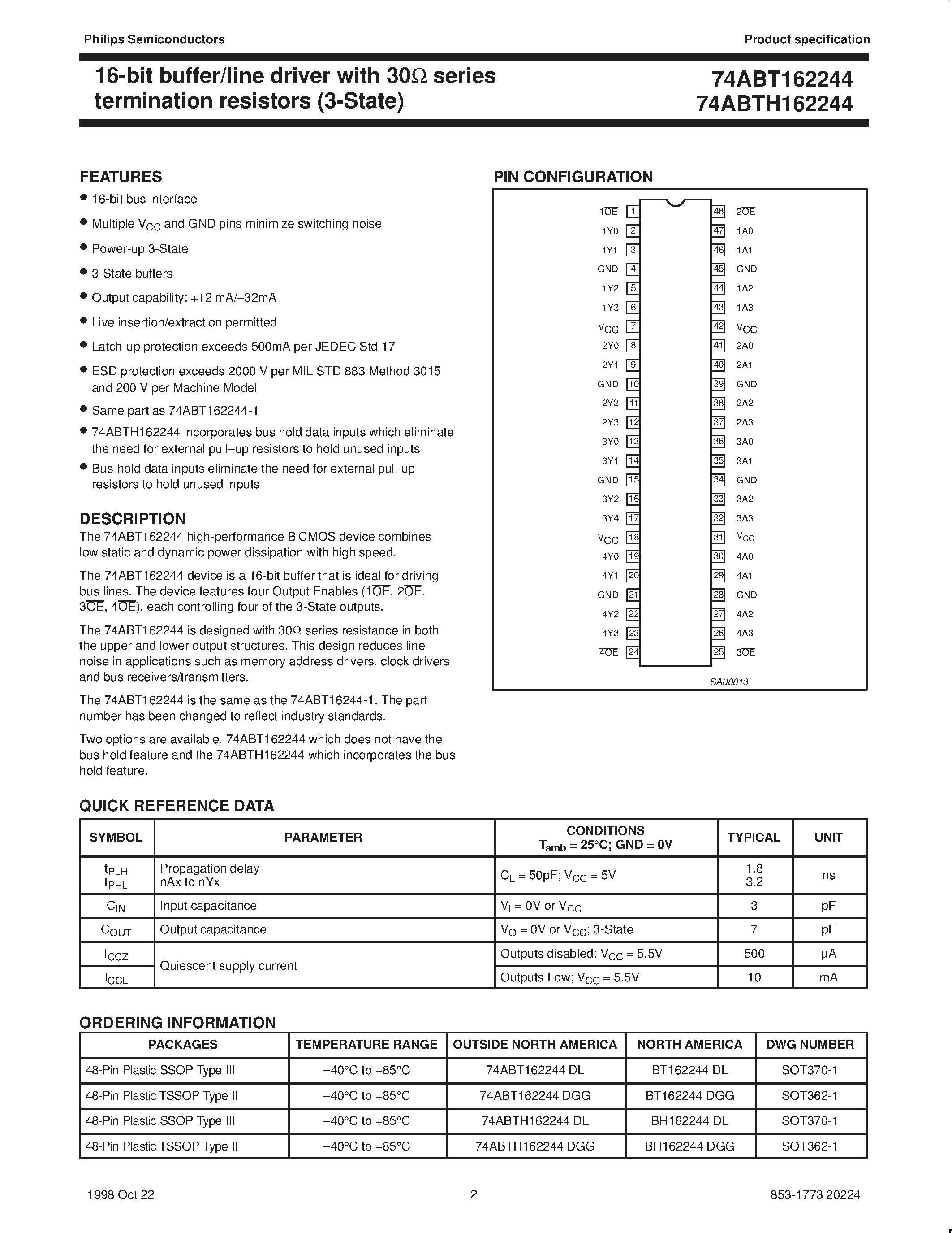 Datasheet 74ABT162244DGG - 16-bit buffer/line driver with 30ohm series termination resistors 3-State page 2