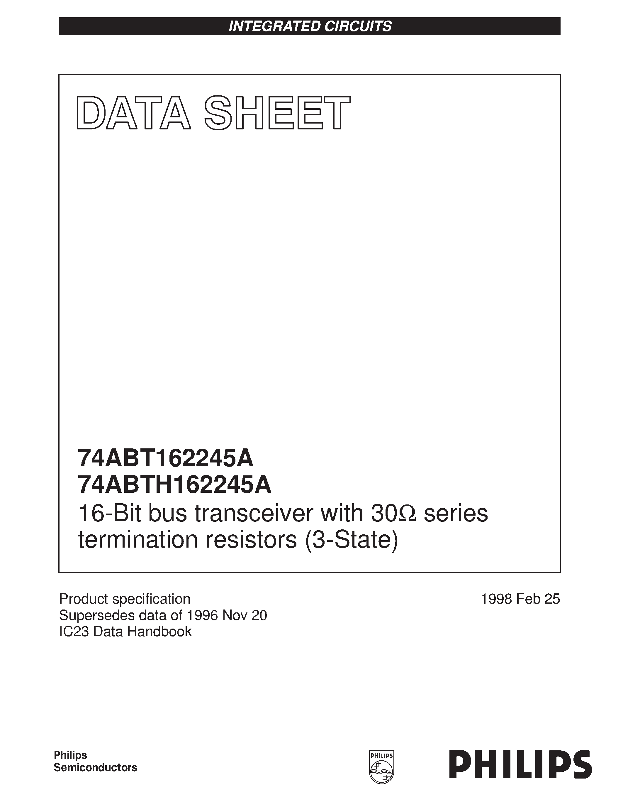 Datasheet 74ABT162245 - 16-Bit bus transceiver with 30ohm series termination resistors 3-State page 1