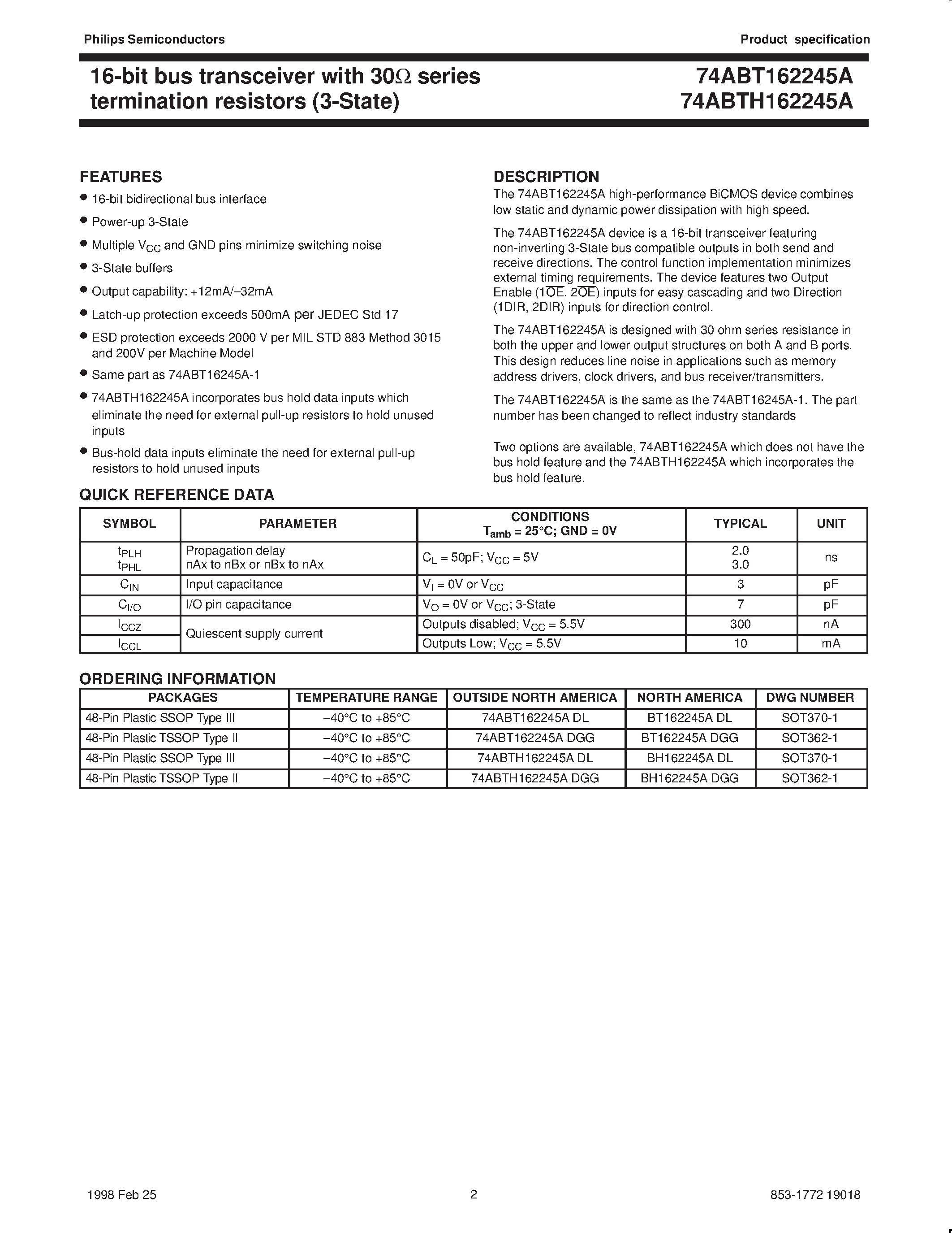 Datasheet 74ABT162245 - 16-Bit bus transceiver with 30ohm series termination resistors 3-State page 2