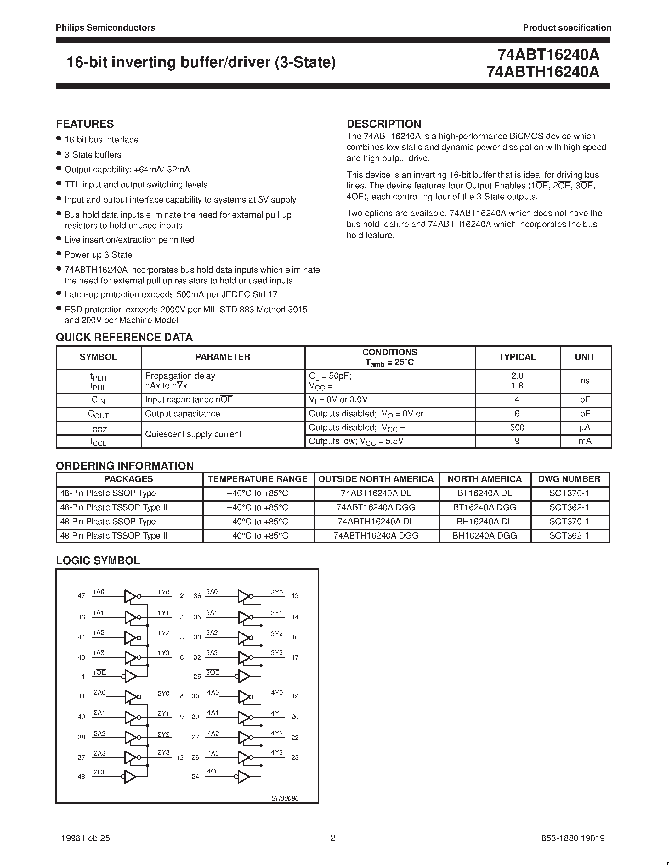 Datasheet 74ABT16240A - 16-bit inverting buffer/driver 3-State page 2