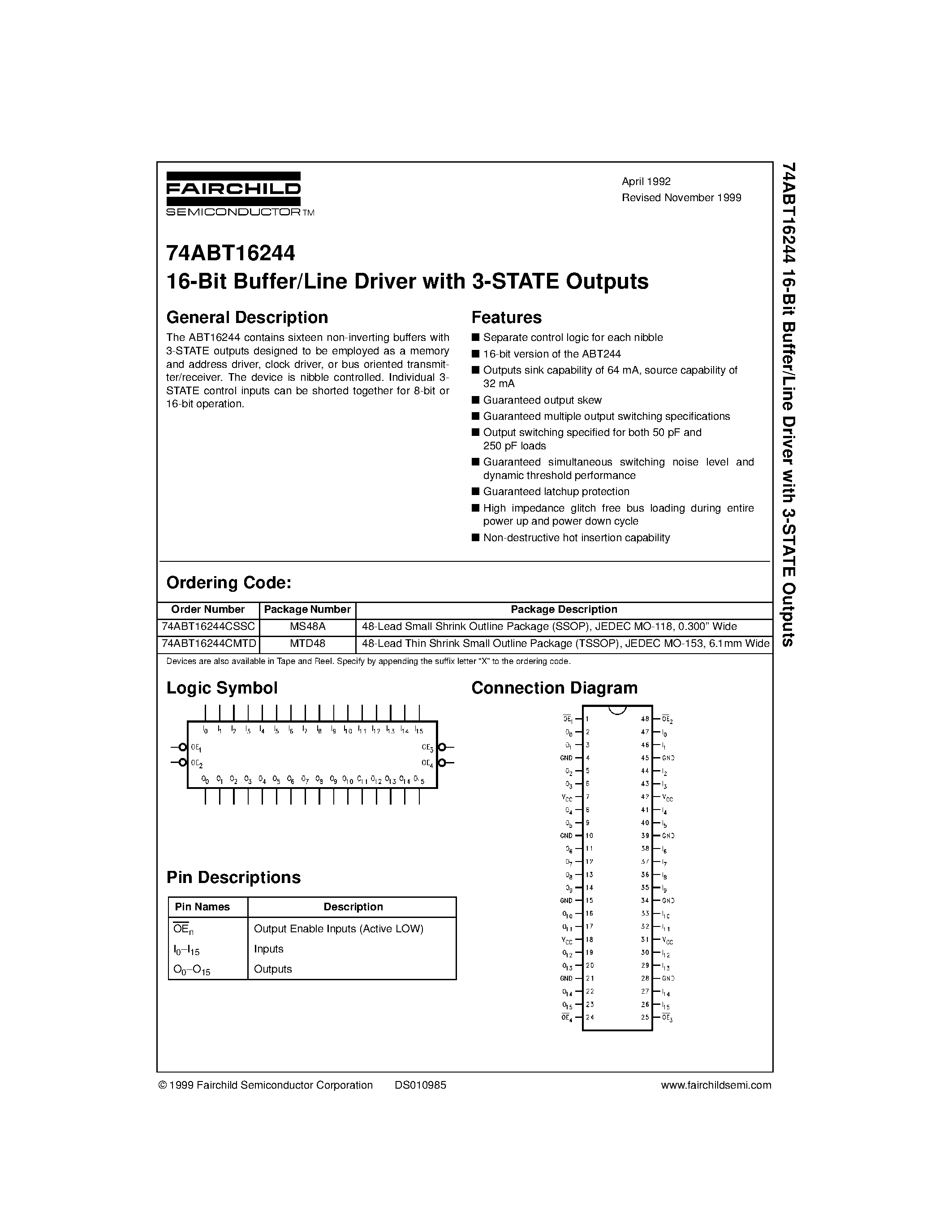 Datasheet 74ABT16244CMTD - 16-Bit Buffer/Line Driver with 3-STATE Outputs page 1