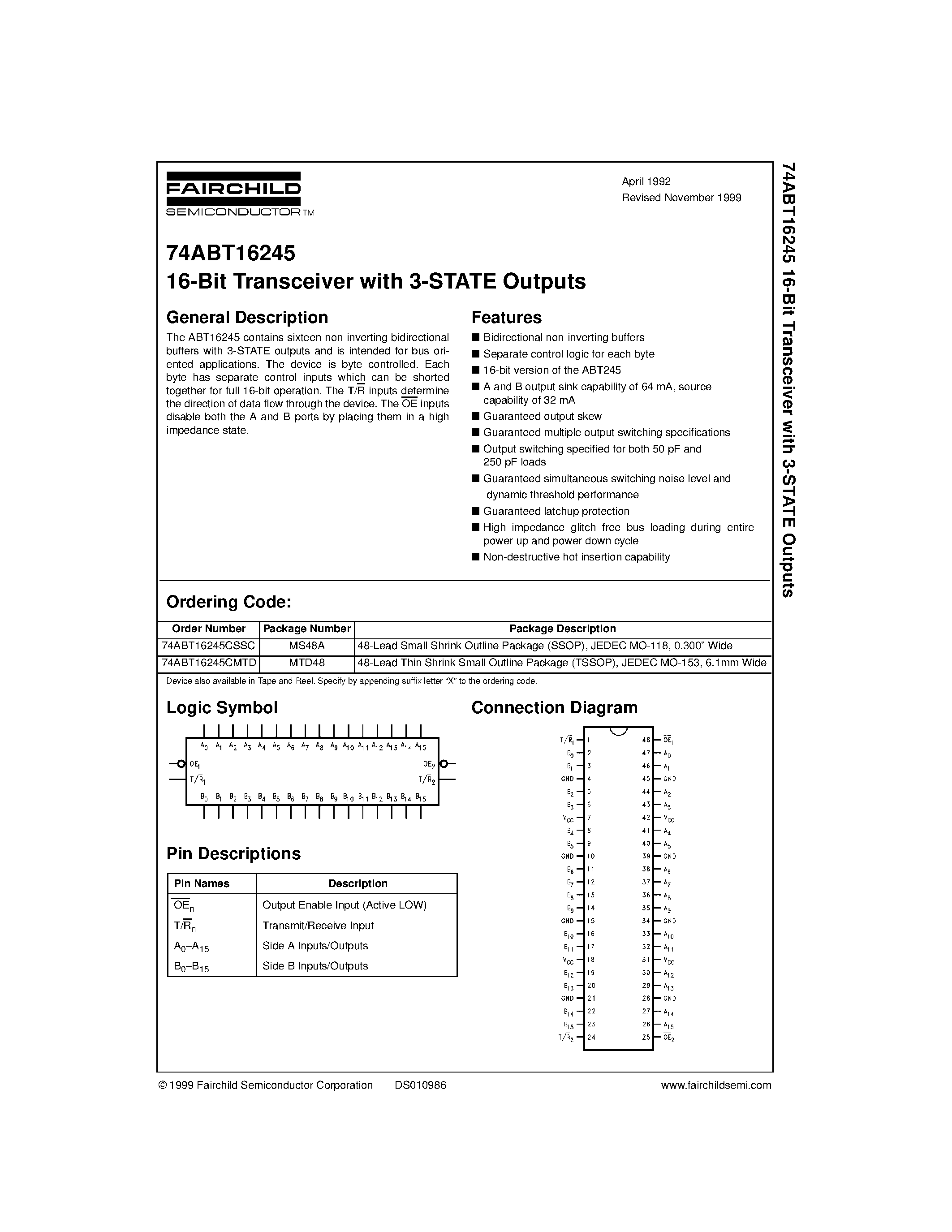 Datasheet 74ABT16245 - 16-Bit Transceiver with 3-STATE Outputs page 1