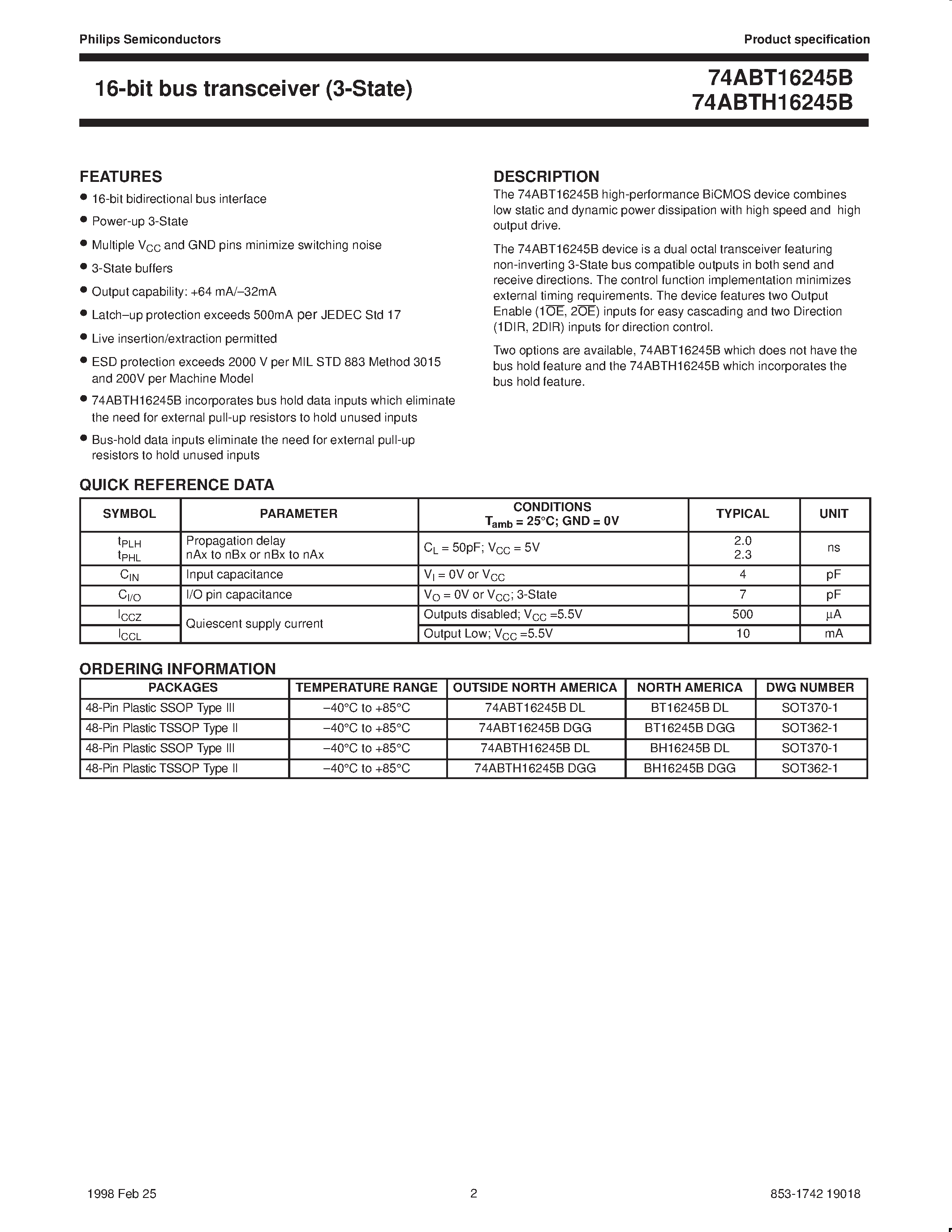 Datasheet 74ABT16245B - 16-bit bus transceiver 3-state page 2