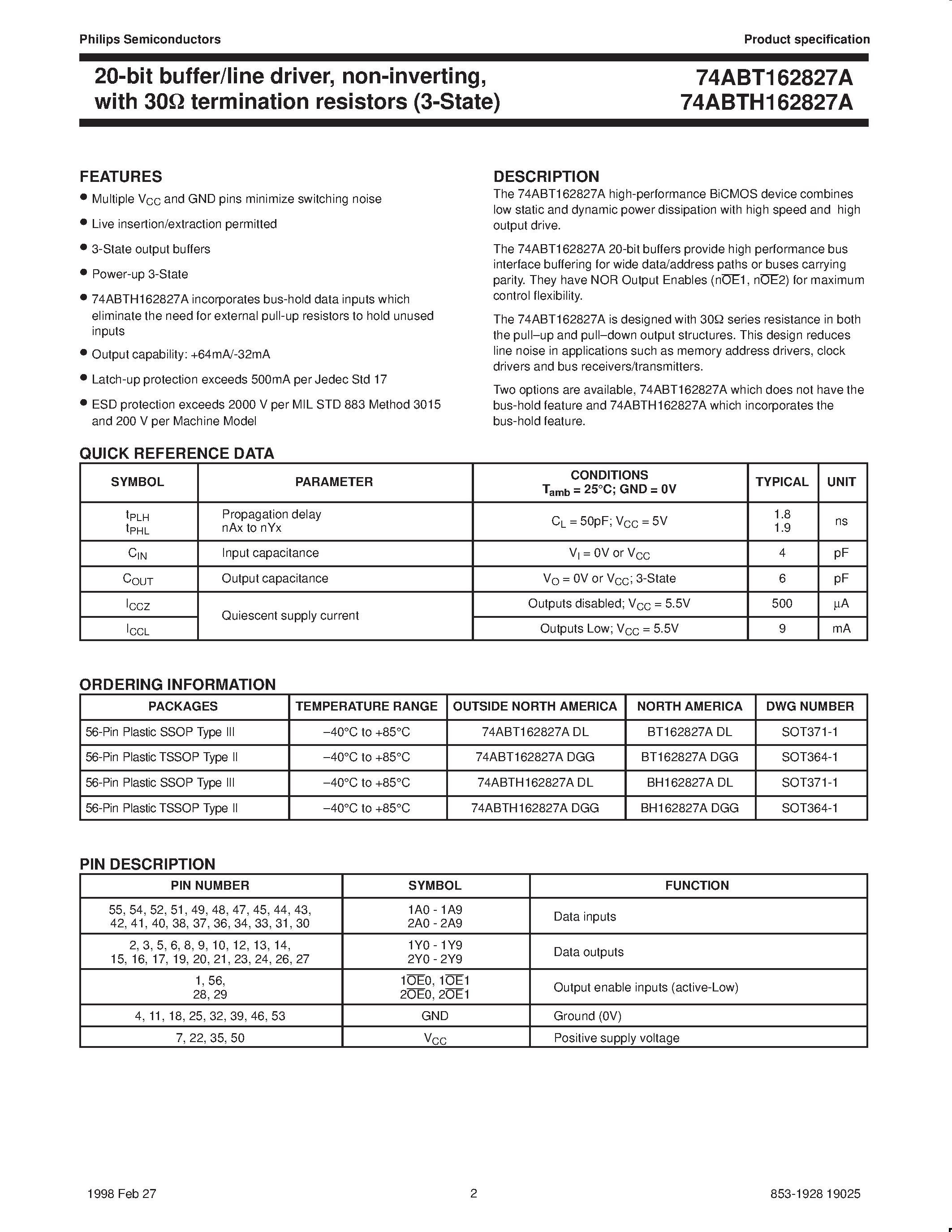 Даташит 74ABT162827A - 20-bit buffer/line driver/ non-inverting/with 30ohm termination resistors (3-State) страница 2