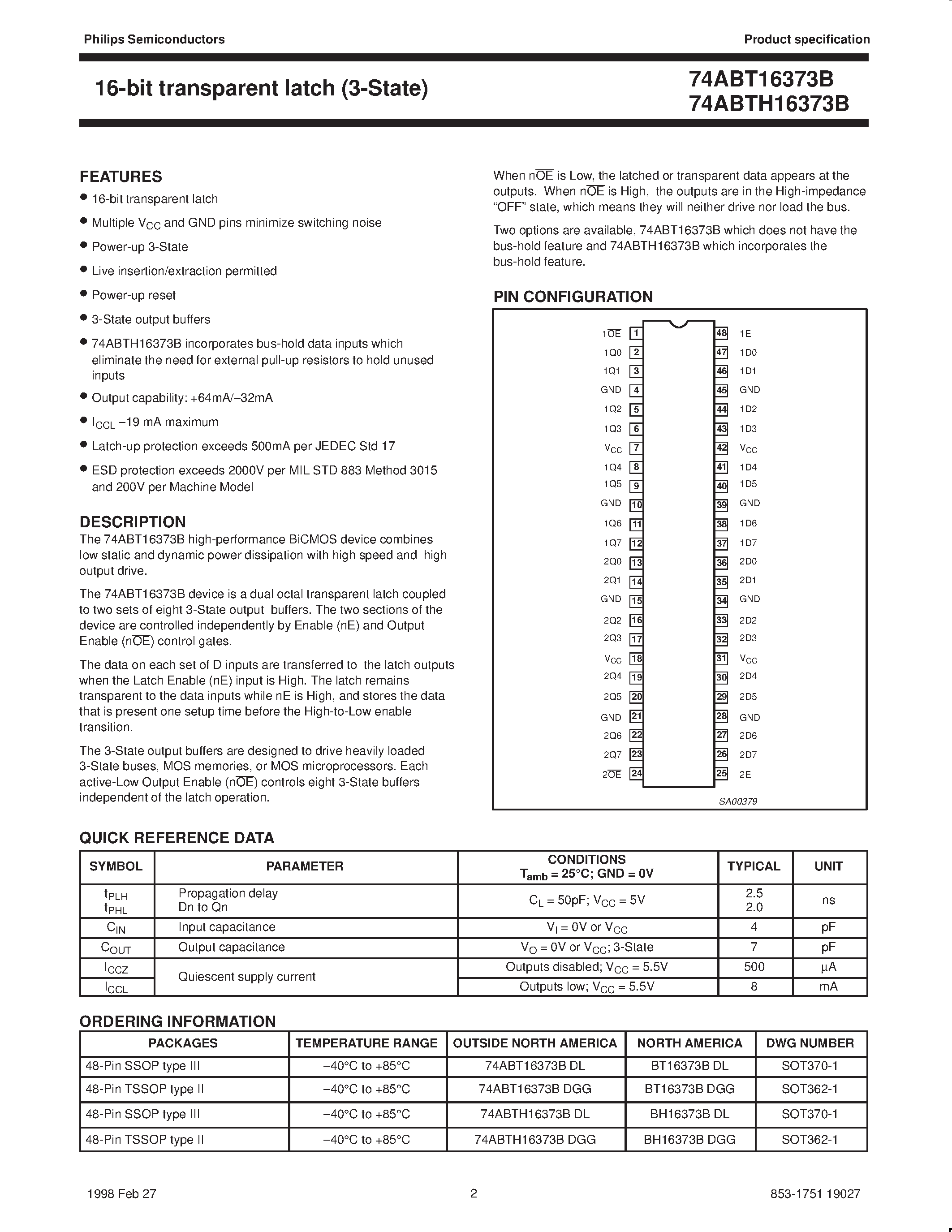 Даташит 74ABT16373BDL - 16-bit transparent latch 3-State страница 2