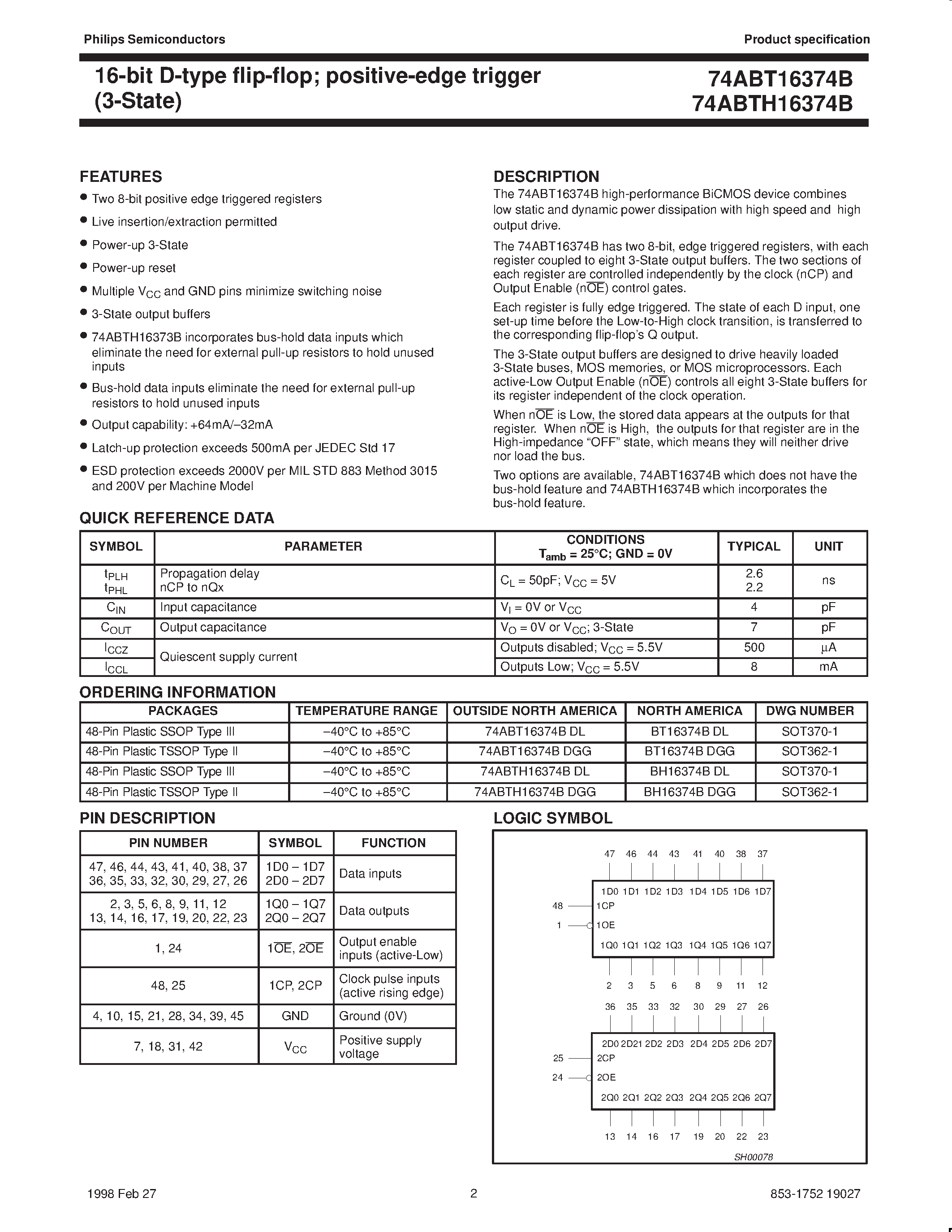 Даташит 74ABT16374B - 16-bit D-type flip-flop; positive-edge trigger 3-State страница 2