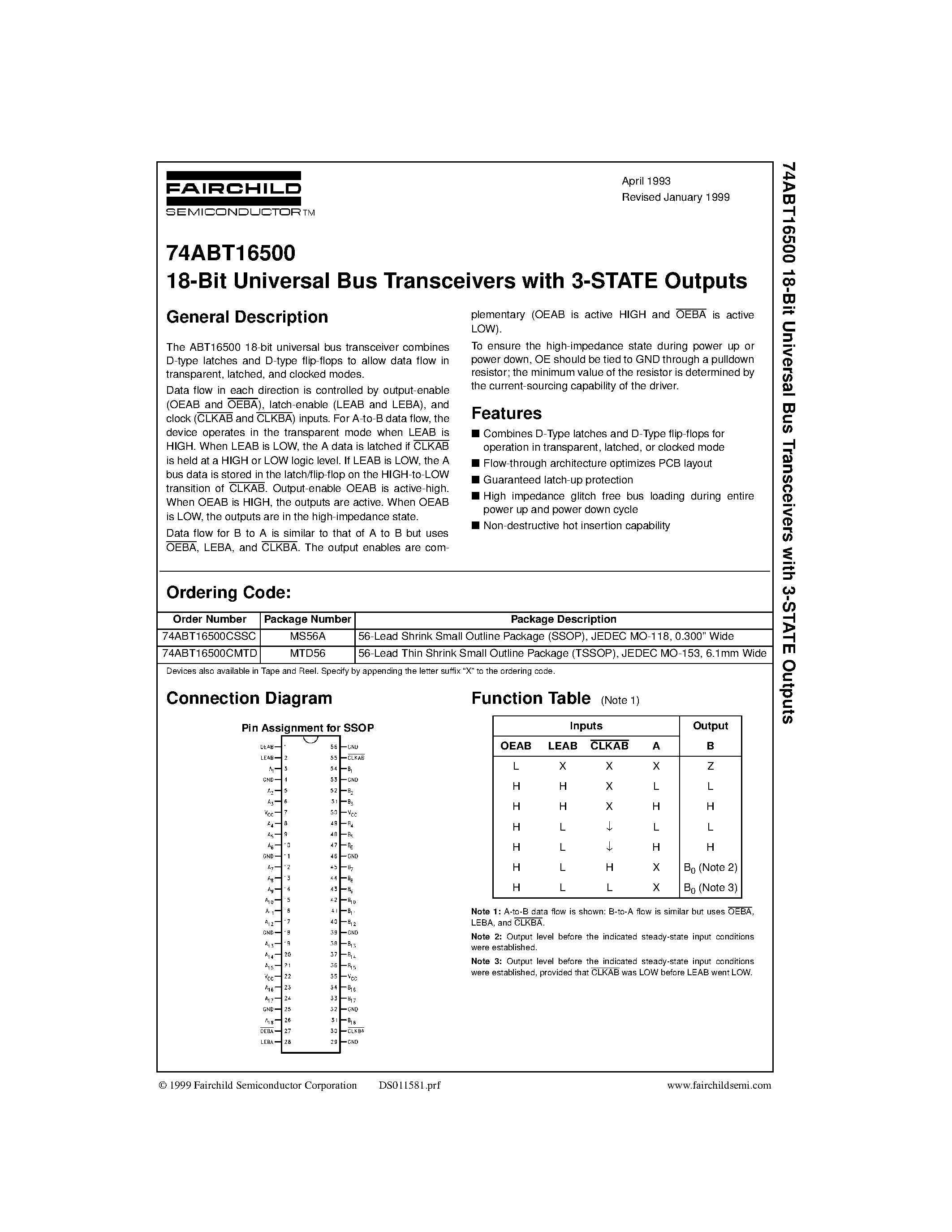 Даташит 74ABT16500 - 18-Bit Universal Bus Transceivers with 3-STATE Outputs страница 1