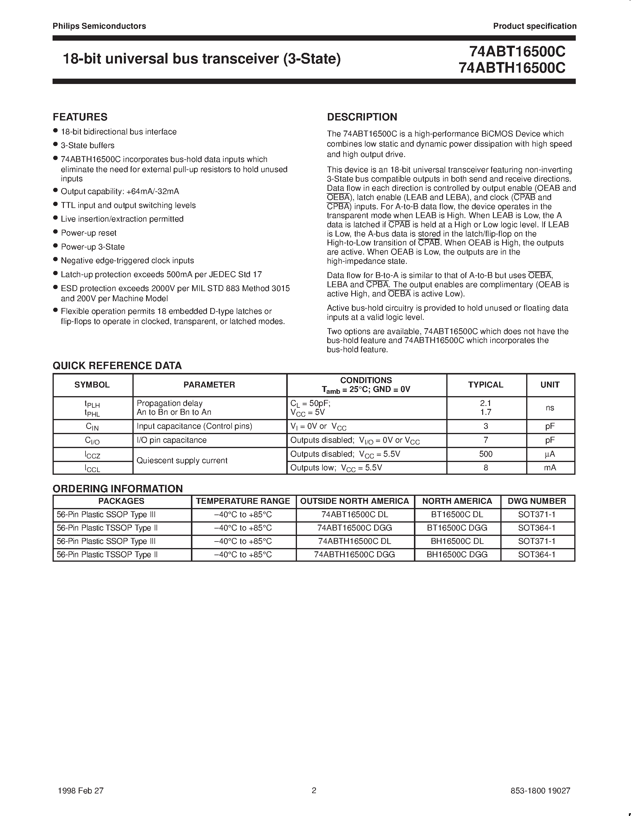 Даташит 74ABT16500C - 18-bit universal bus transceiver 3-State страница 2