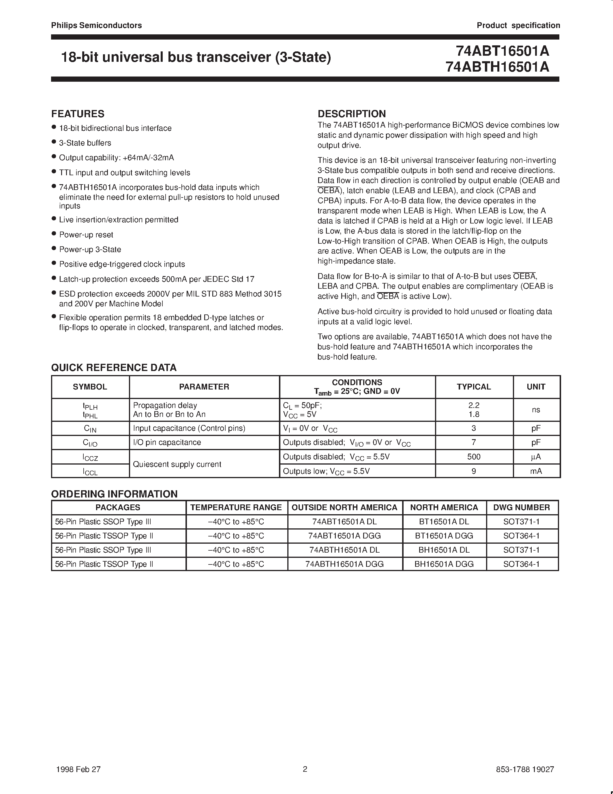 Даташит 74ABT16501ADGG - 18-bit universal bus transceiver 3-State страница 2