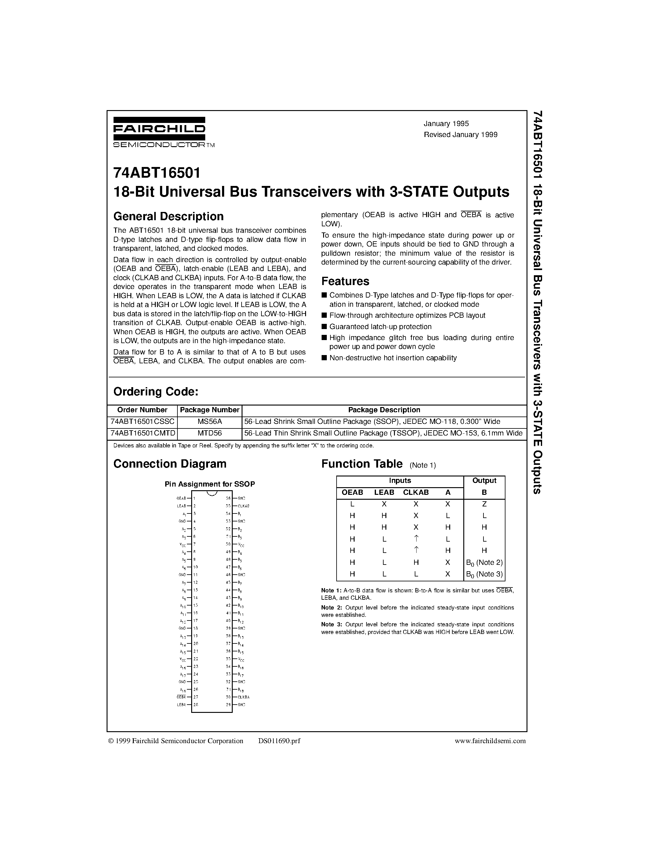 Даташит 74ABT16501CMTD - 18-Bit Universal Bus Transceivers with 3-STATE Outputs страница 1