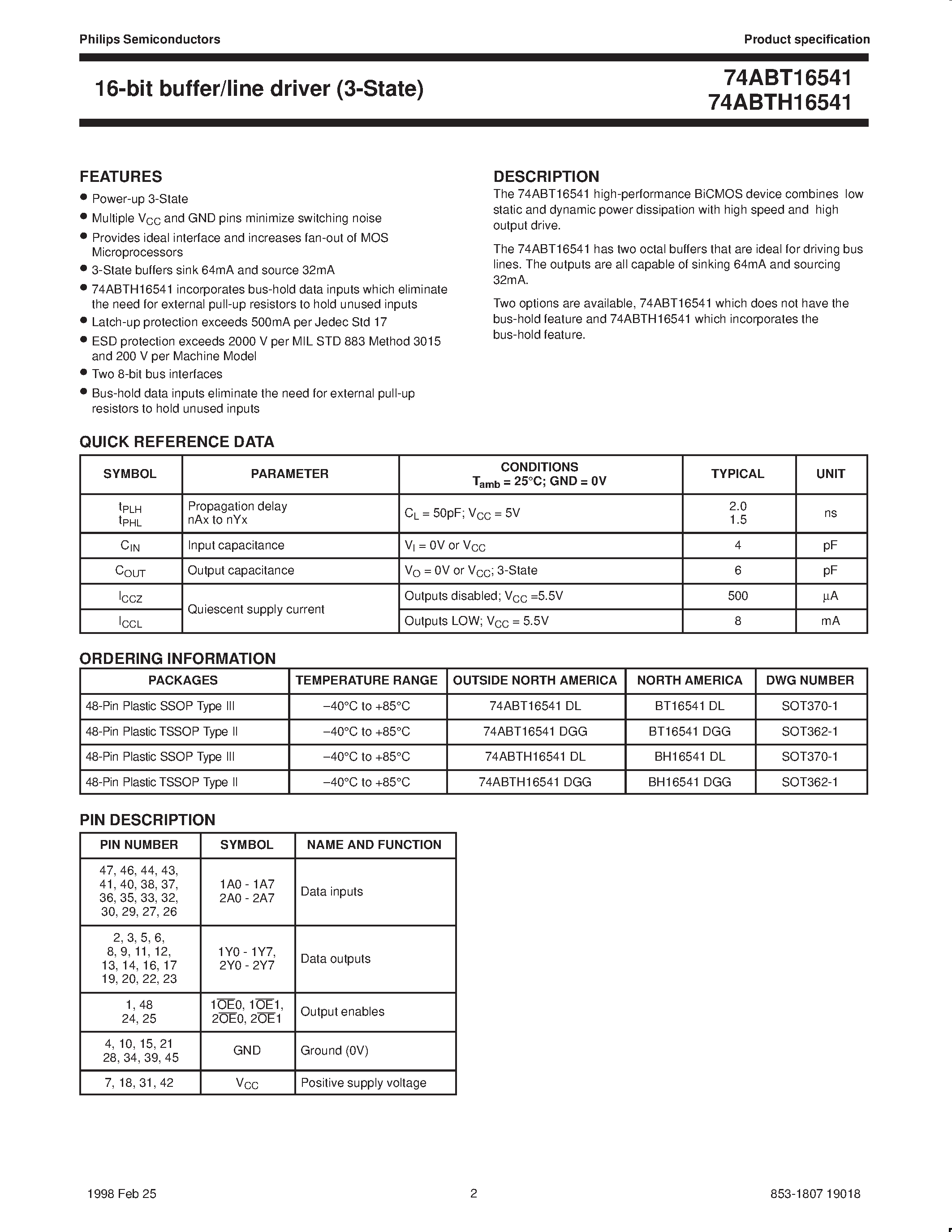 Даташит 74ABT16541 - 16-bit buffer/line driver 3-State страница 2