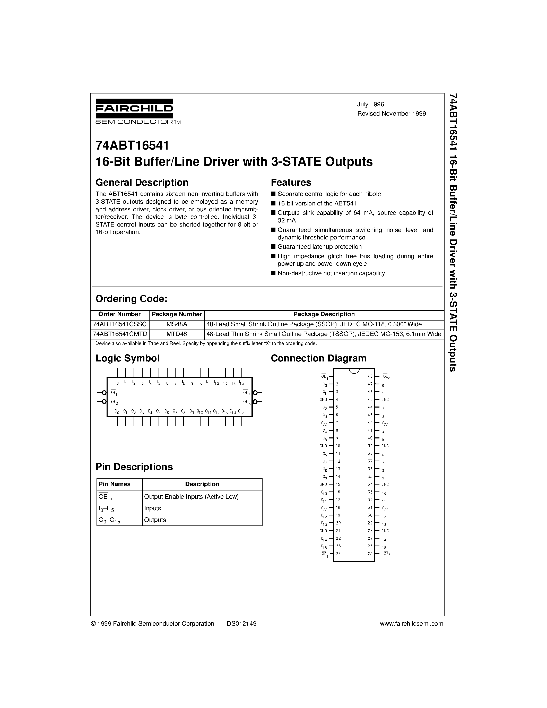 Даташит 74ABT16541 - 16-Bit Buffer/Line Driver with 3-STATE Outputs страница 1